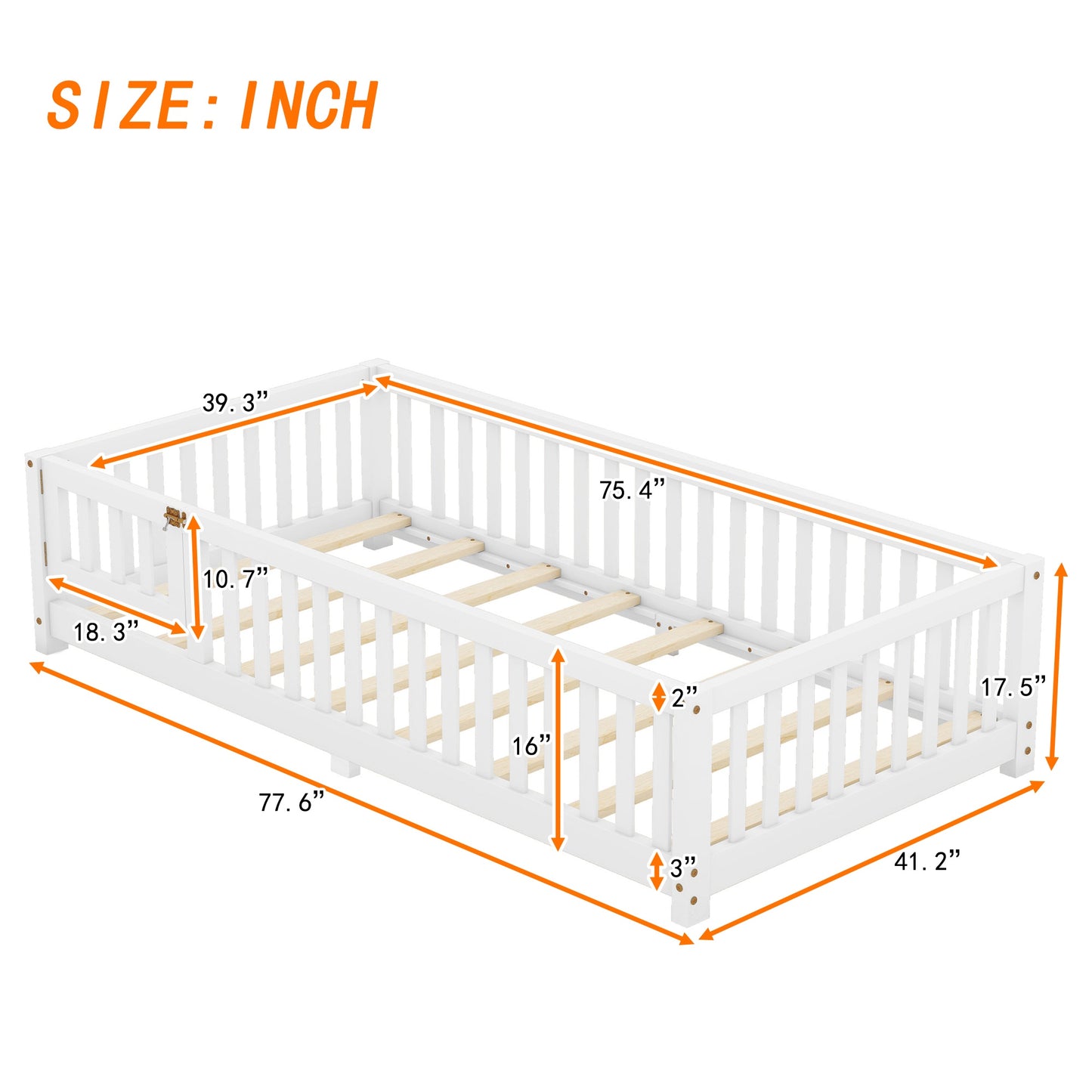 iRerts Twin Floor Bed Frame for Toddlers Kids, Wood Twin Montessori Bed Frame with Slats, Fence, Door, Kids Montessori Bed Twin Size, Twin Toddler Bed Frame for Boys Girls, White
