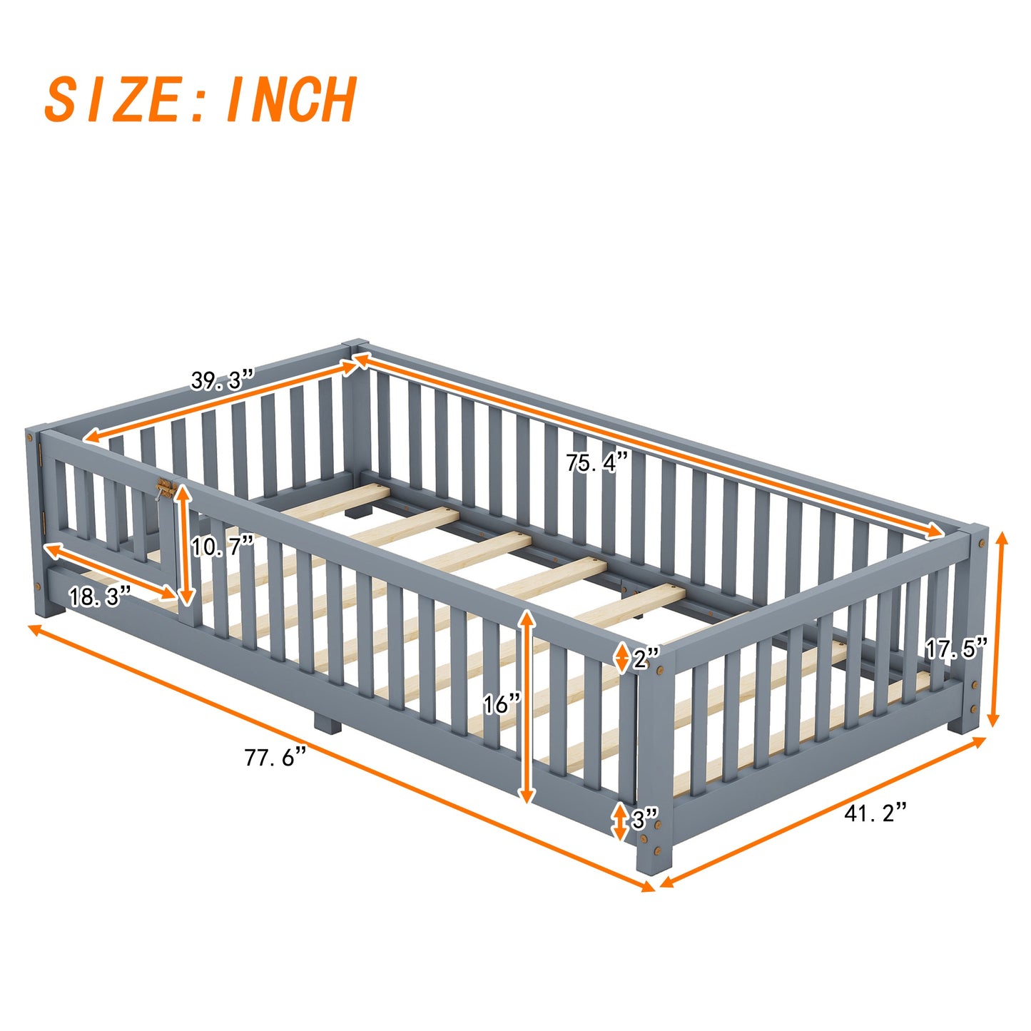 iRerts Twin Floor Bed Frame for Toddlers Kids, Wood Twin Montessori Bed Frame with Slats, Fence, Door, Kids Montessori Bed Twin Size, Twin Toddler Bed Frame for Boys Girls, Gray