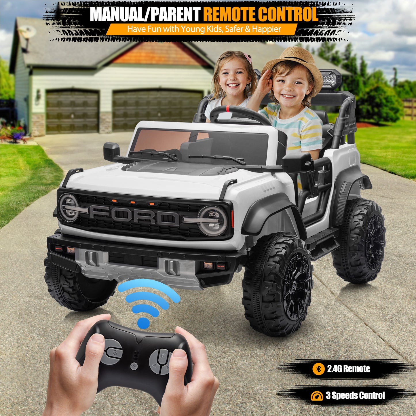 Ford Bronco Raptor 24V Ride on Toys, 2 Seater Ride on Cars with Remote Control, Bluetooth Music, Spring Suspension, Battery Powered Electric Car for Kids Ages 3-8, White