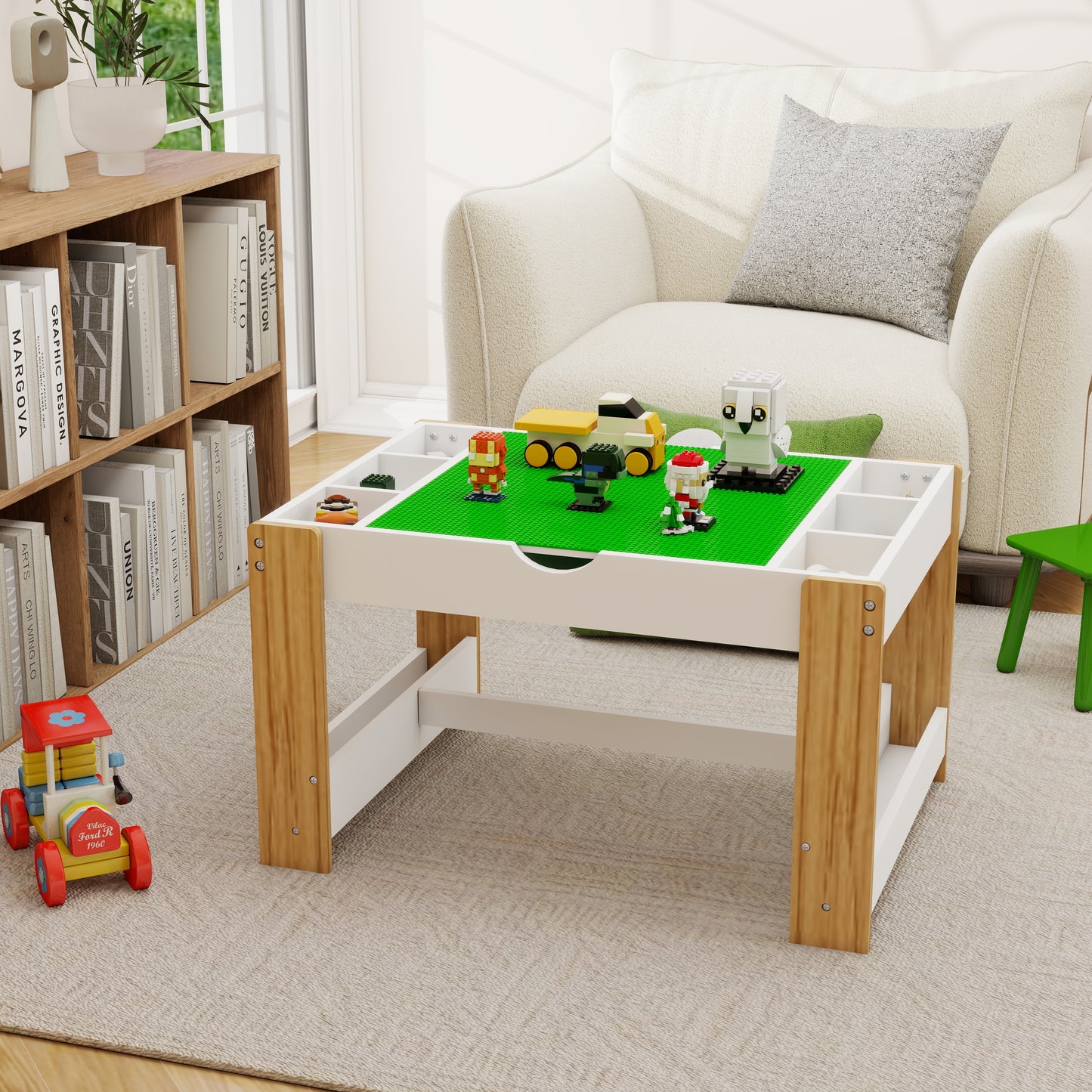 Kids Activity Table, 2 in 1 Reversible Kids Play Table with Building Bricks, Whiteboard, Toy Organizer Compatible, Wood Building Block Desk for Drawing, Reading, Arts, Crafts, White