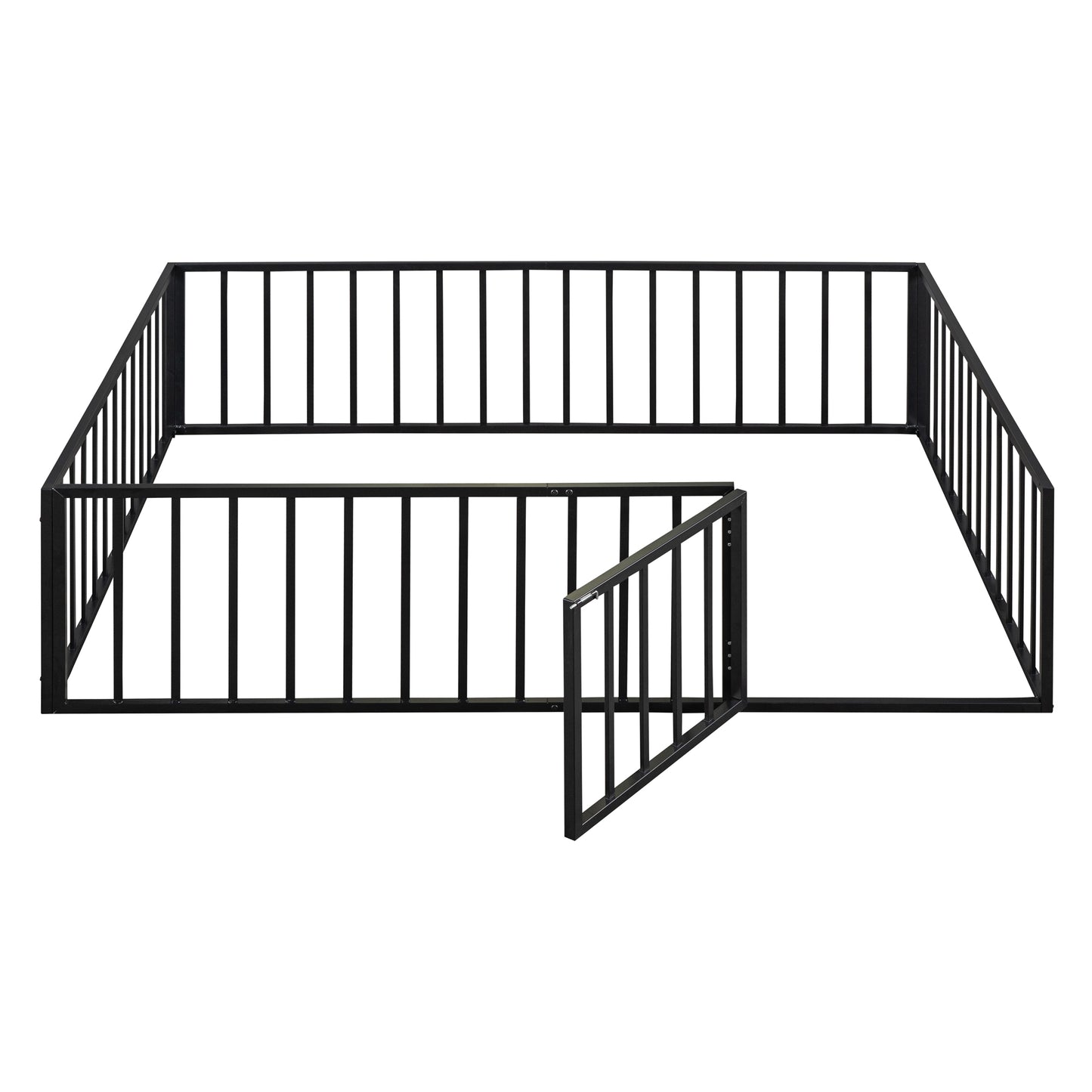 iRerts Queen Floor Bed Frame, Metal Queen Size Montessori Floor Bed Frame with Fence and Door, Kids Toddler Floor Bed Frame Queen Size for Girls Boys, Twin Bed Frame without Bed Slats, Black
