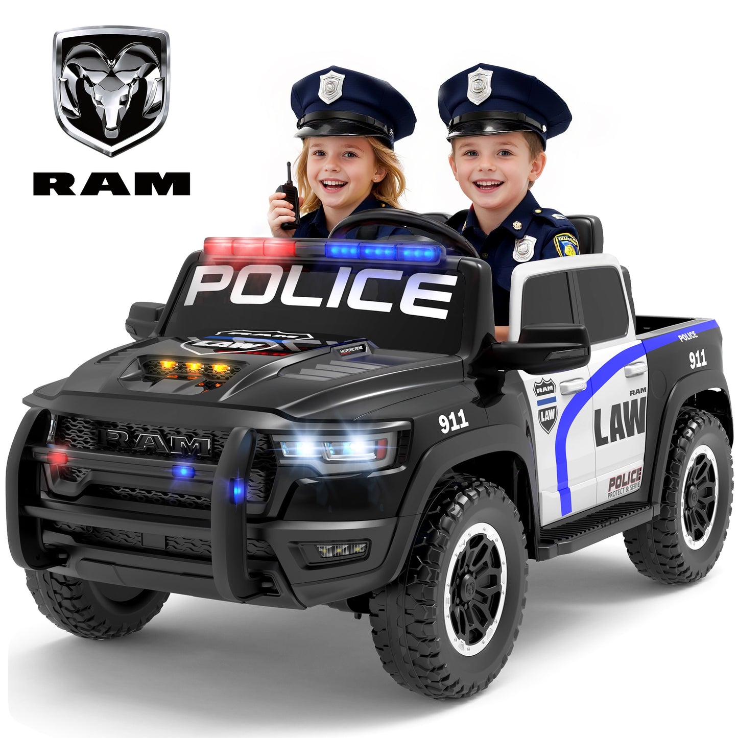 24V Licensed RAM 1500 Ride on Police Car for Kids, 2 Seater Ride on Car with Parent Remote Control, Bluetooth, LED Lights, Siren, Rear Storage, 4-Wheel Suspension, Ages 3-8, Black