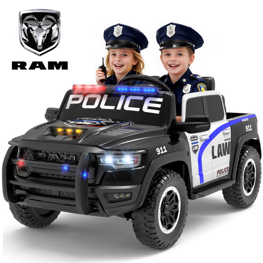 24V Licensed RAM 1500 Ride on Police Car for Kids, 2 Seater Ride on Car with Parent Remote Control, Bluetooth, LED Lights, Siren, Rear Storage, 4-Wheel Suspension, Ages 3-8, Black