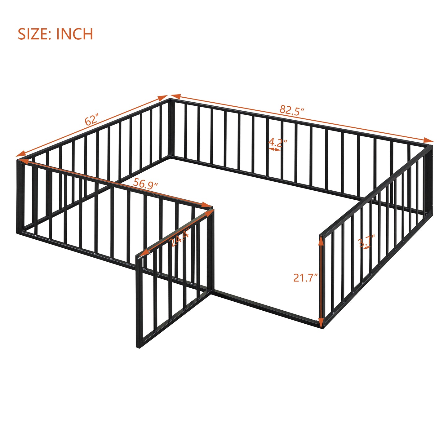 iRerts Queen Floor Bed Frame, Metal Queen Size Montessori Floor Bed Frame with Fence and Door, Kids Toddler Floor Bed Frame Queen Size for Girls Boys, Twin Bed Frame without Bed Slats, Black