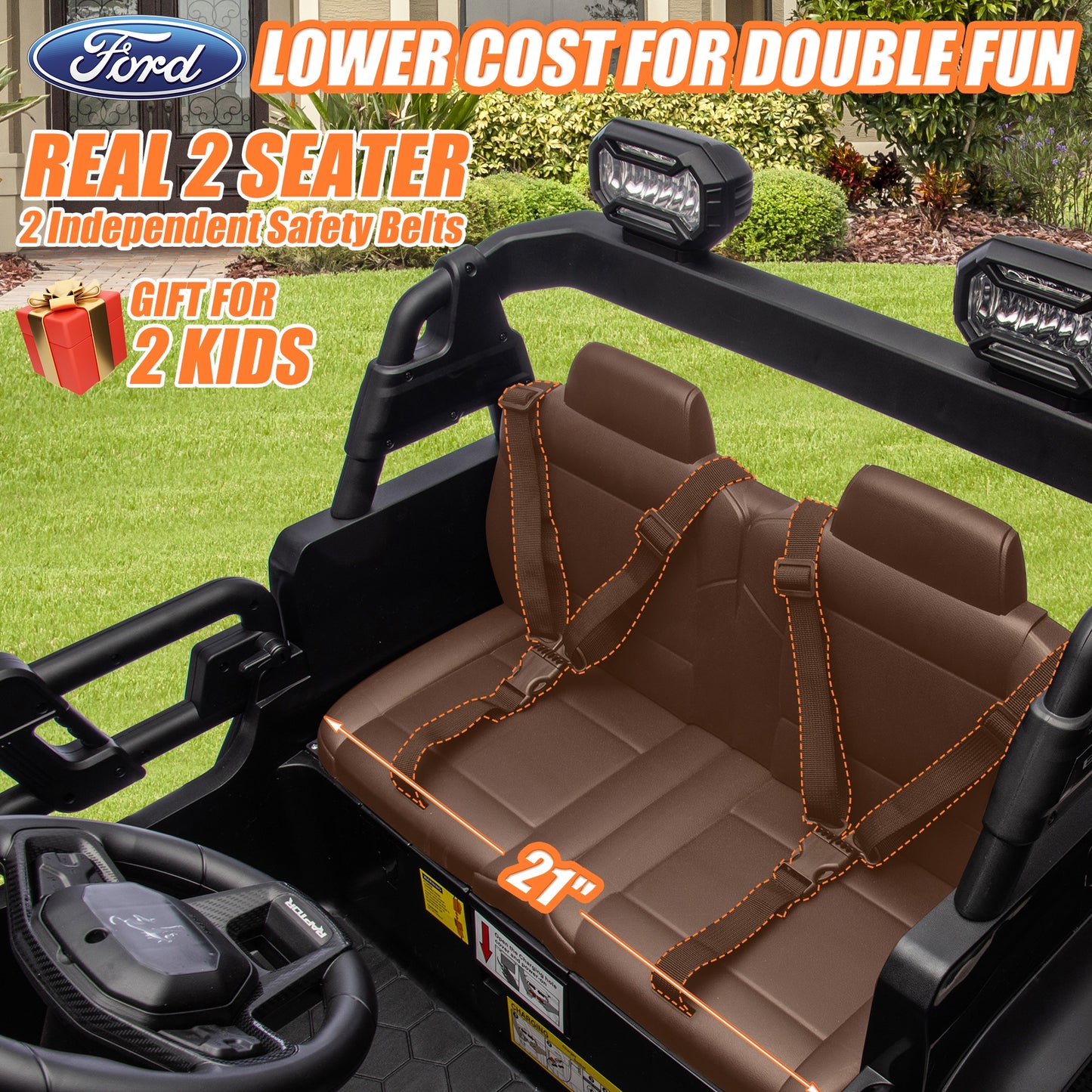 24V 2 Seater Ride on Toy Car, Licensed Ford Bronco Raptor Ride on Trucks with Remote Control, Bluetooth Music Player, Spring Suspension, Battery Powered Electric Car for Kids Boys Girl Ages 3-8, Black