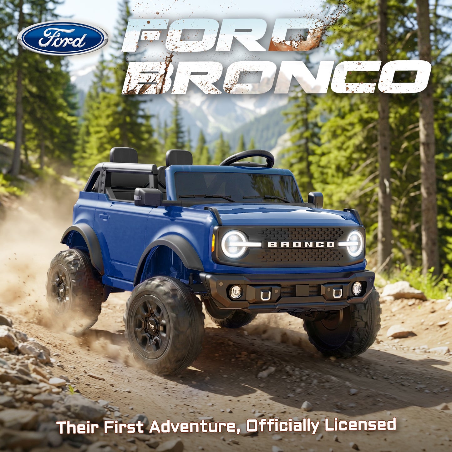 iRerts 2 Seater Ride on Cars, Licensed Ford Bronco Base 24V Ride on Toys for Big Kids Ages 3-8, Powered Kids Car Electric Vehicle with Remote Control, Bluetooth, LED Lights, 4 Wheel Suspension, Blue
