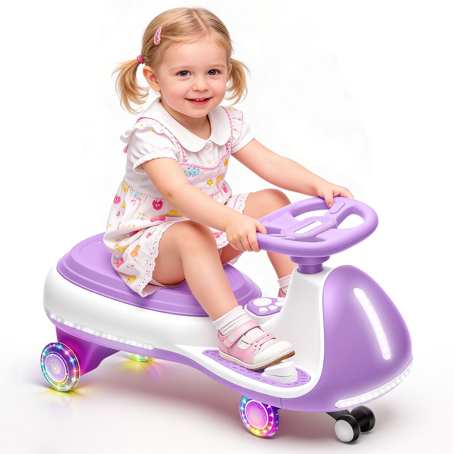 iRerts 12V Ride on Toys, Electric Ride on Wiggle Car with Pedal, 2 in 1 Swing Car Kids Wiggle Car for Toddlers Ages 3+, Kids Cars with Flashing PU Wheels, Bluetooth Music, 5MPH Max Speed, Purple