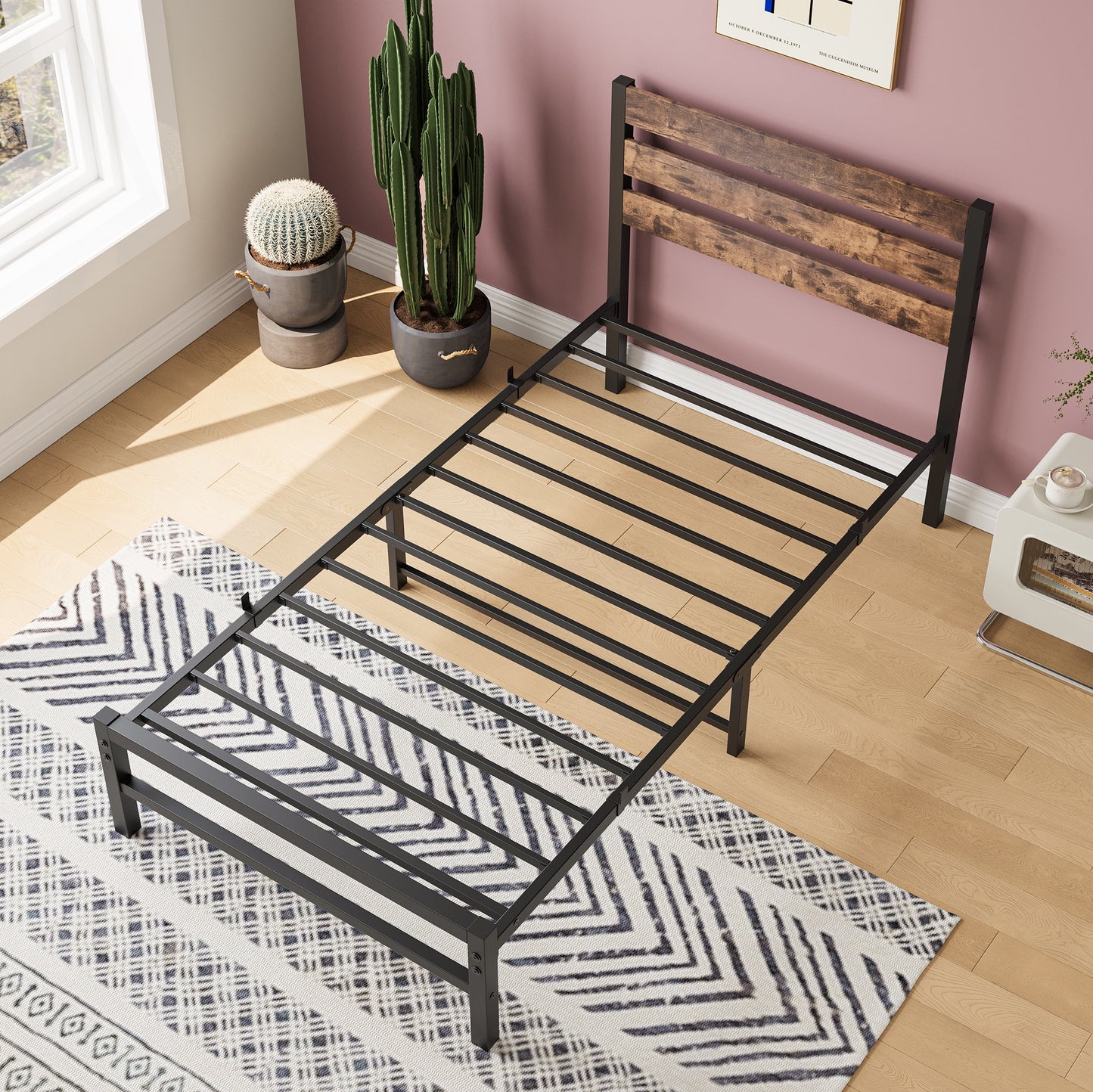 iRerts Twin Bed Frame with Headboard, Metal Platform Bed Frame No Box Spring Needed, Bed Frame Twin Size with Metal Support,  Noise-Free, Under Bed Storage, Easy Assembly, Rustic Brown