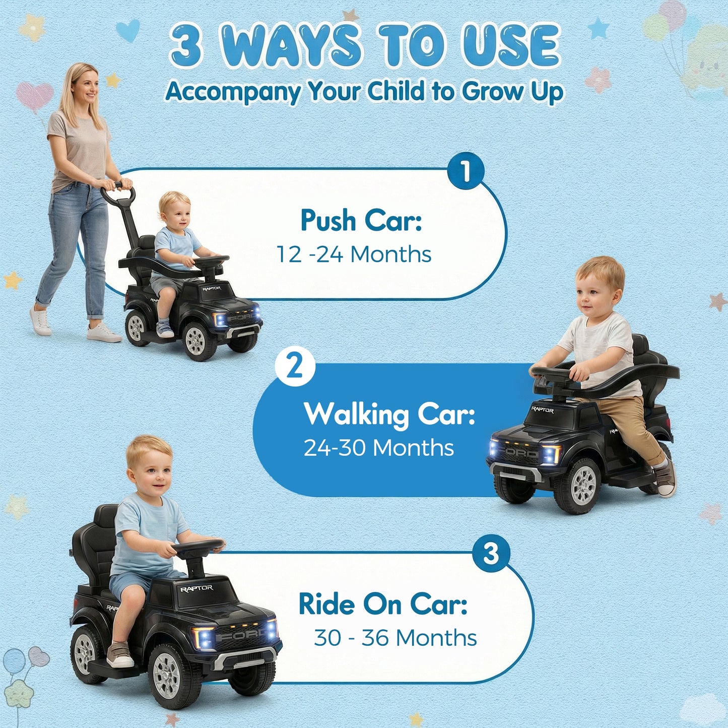 Push Car for Toddlers 1-3, Licensed Ford F-150 3-in-1 Kids Ride on Toy with Parent Push Handle, Foot to Floor Sliding Car with Horn & Lights, Under Seat Storage, Black