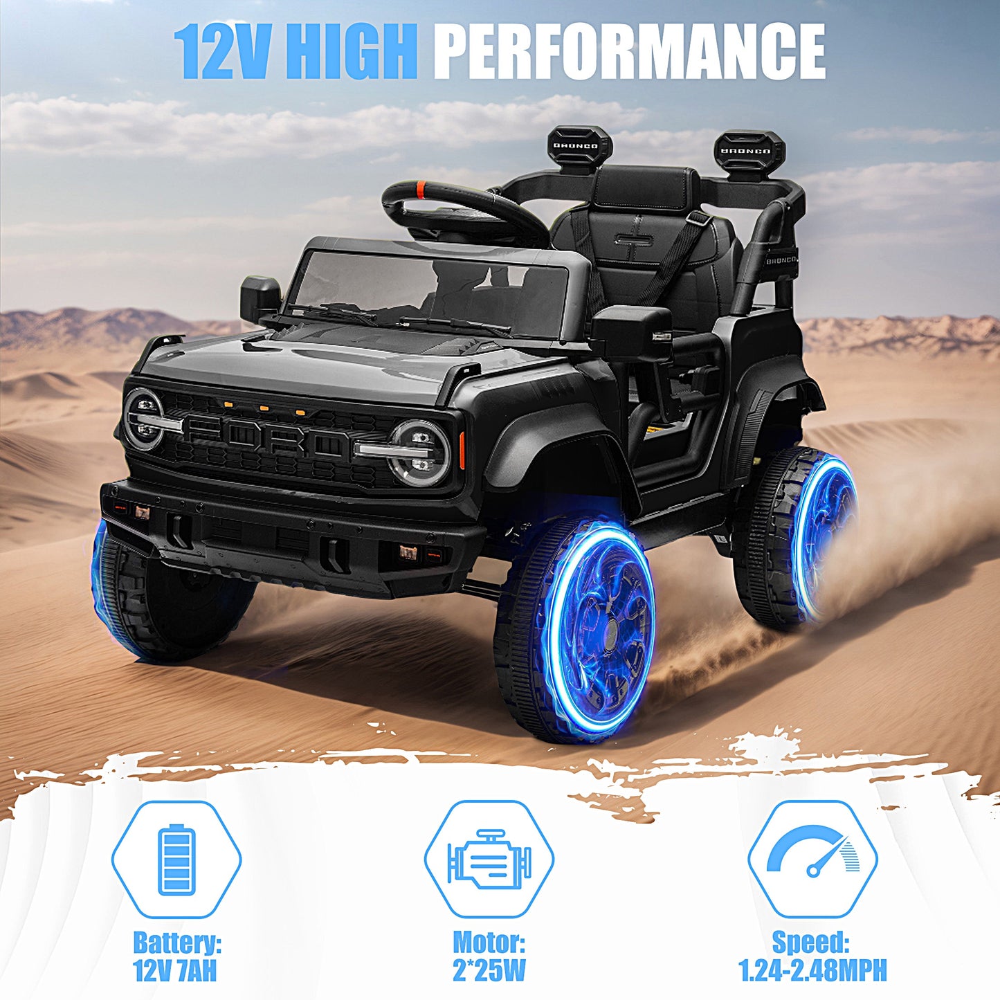 iRerts 12V Ride on Cars, Licensed Ford Bronco Raptor Toddlers Ride on Toys with Parental Remote Control, Bluetooth, FM Radio, LED Lights, Electric Car for Kids Boys Girls Ages 3-6,Black