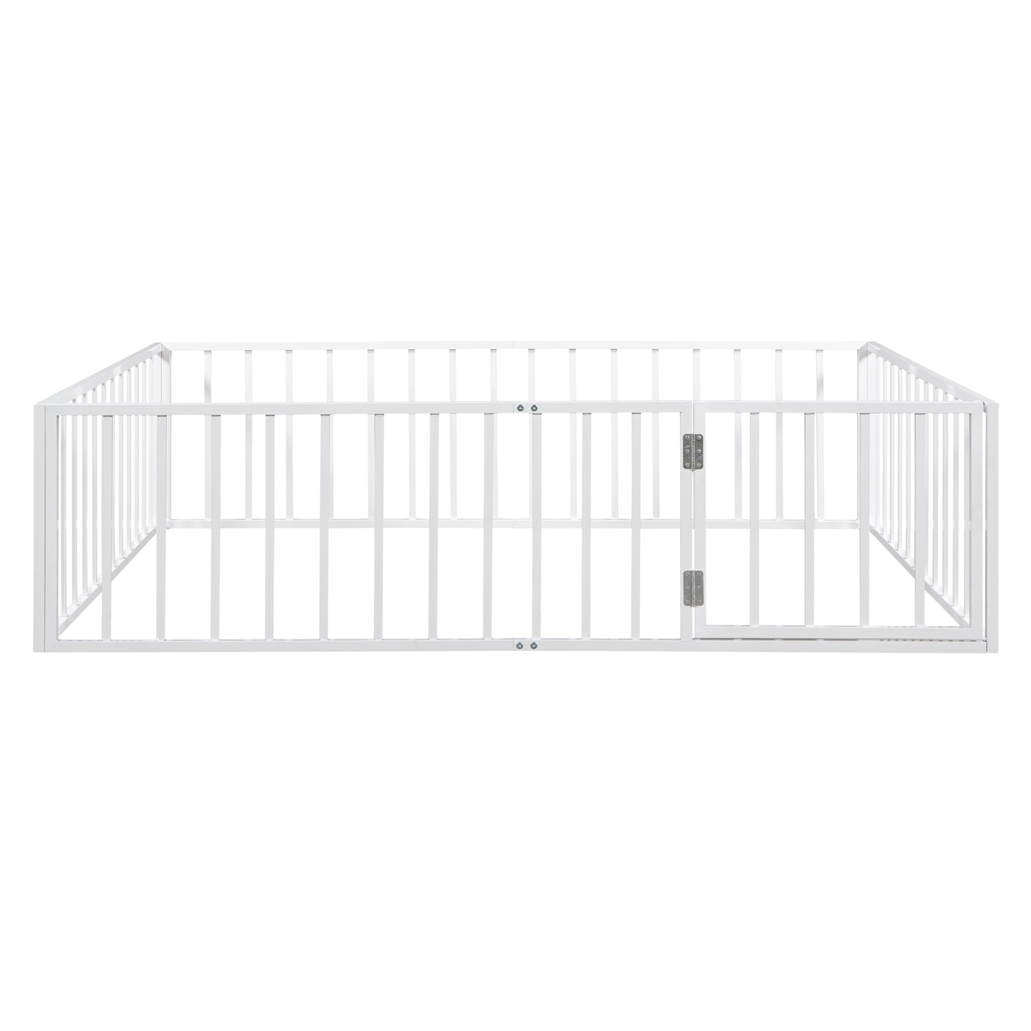 iRerts Queen Floor Bed Frame, Metal Queen Size Montessori Floor Bed Frame with Fence and Door, Kids Toddler Floor Bed Frame Queen Size for Girls Boys, Twin Bed Frame without Bed Slats, White