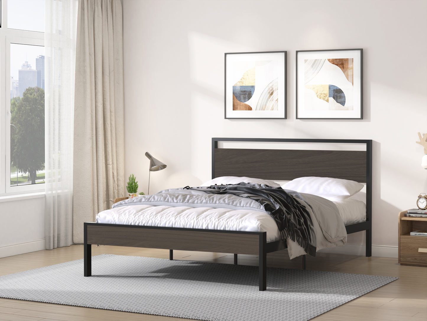 iRerts Queen Platform Bed Frame with Headboard, Industrial Metal Queen Bed Frame with Slat Support, Modern Bed Frame Queen Size for Adults Teens Kids Bedroom, No Box Spring Needed, Black