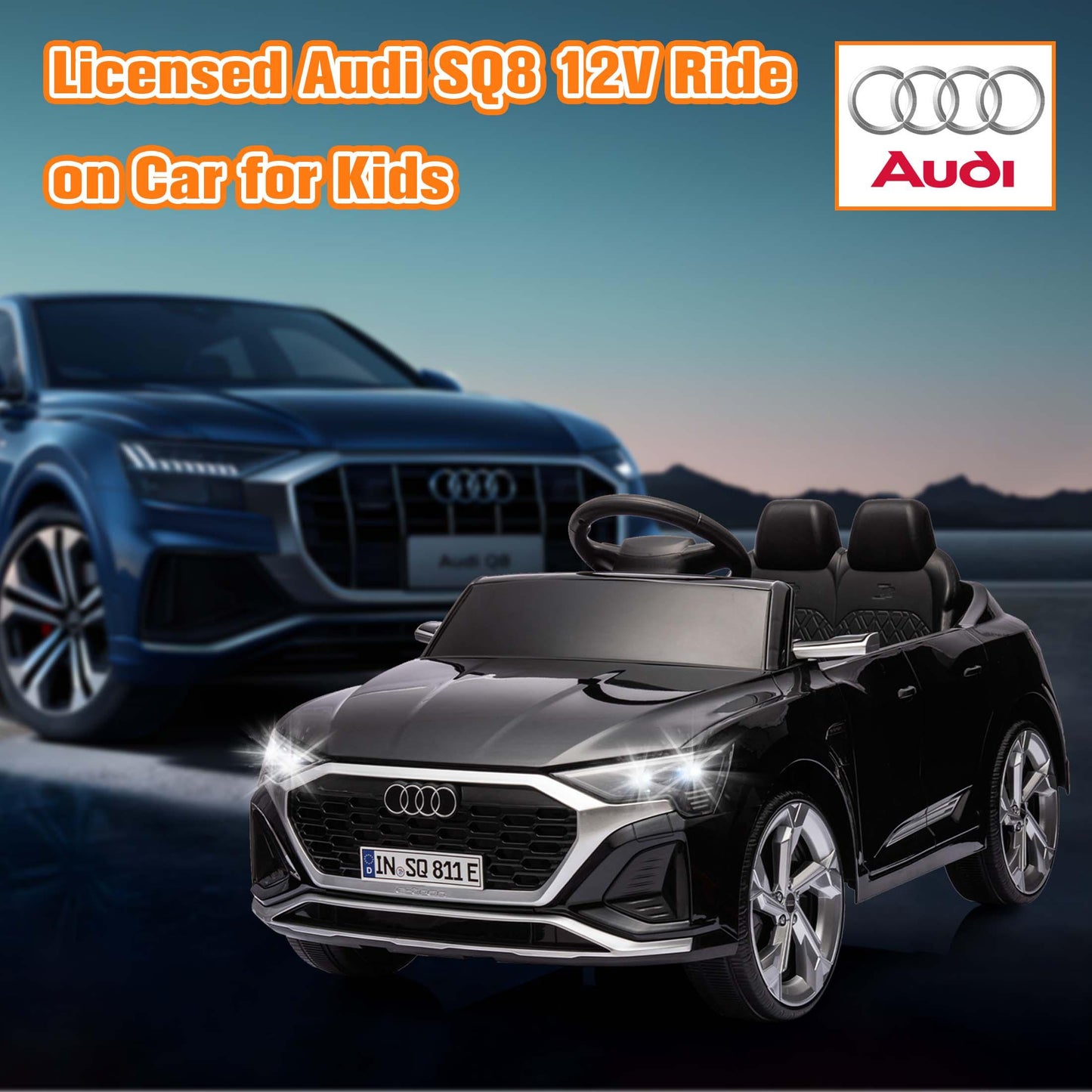 Ride on Toy Car Kids for Boys Girls, Licensed Audi SQ8 12V Ride on Cars with Remote Control, Battery Powered Electric Vehicle Car for Kids with Music, LED Lights, 3 Speed, 4 Wheeler, Black