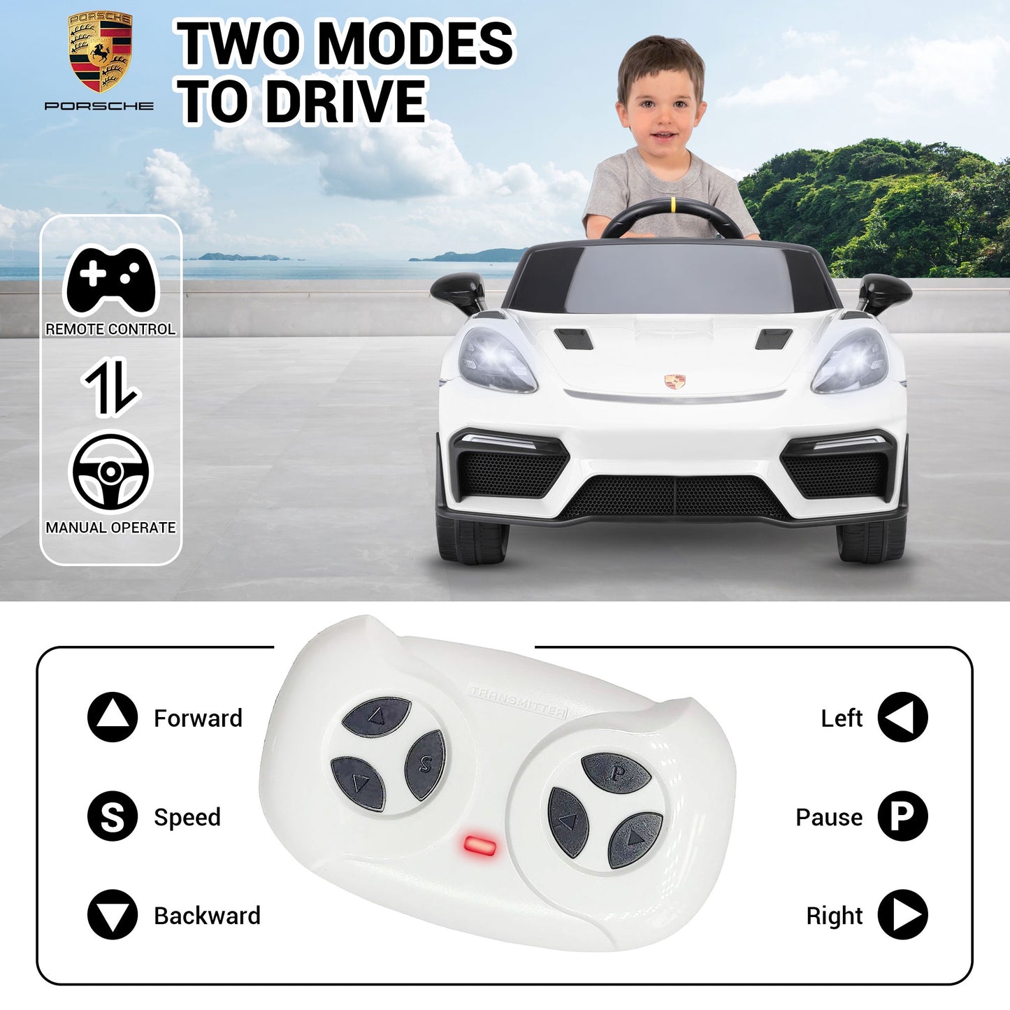 12V Powered Ride On Toys, Licensed Porsche 718 Ride on Car for Kids Boys Girls Christmas Gifts Ages 3-5, Kids Cars Electric Vehicle with Remote Control, Bluetooth, Music, LED Light, 4 Wheeler, White