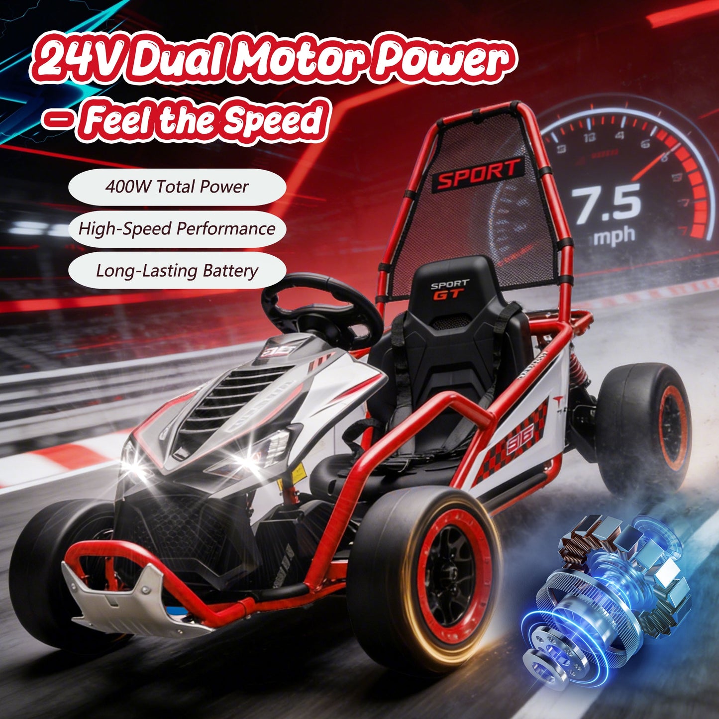 24V Powered Ride on Toys, iRerts Electric Go Kart with Drift Mode, Bluetooth Music, EVA Front Tires, Rear Wheel Suspension, Max Speed 7.5 MPH, Crazy Go Cart Electric Car for Kids 6-12 Ages, Red