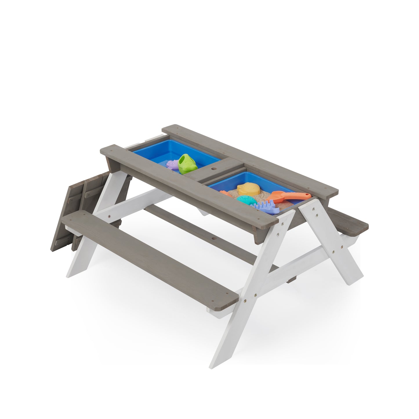 Kids Outdoor Picnic Table Set with Bench, 3 in 1 Sand and Water Activity Table Outdoor Convertible Picnic Table with Umbrella, Removable Tabletop, Play Boxes, Kids Table and Chair Set for Patio, Gray