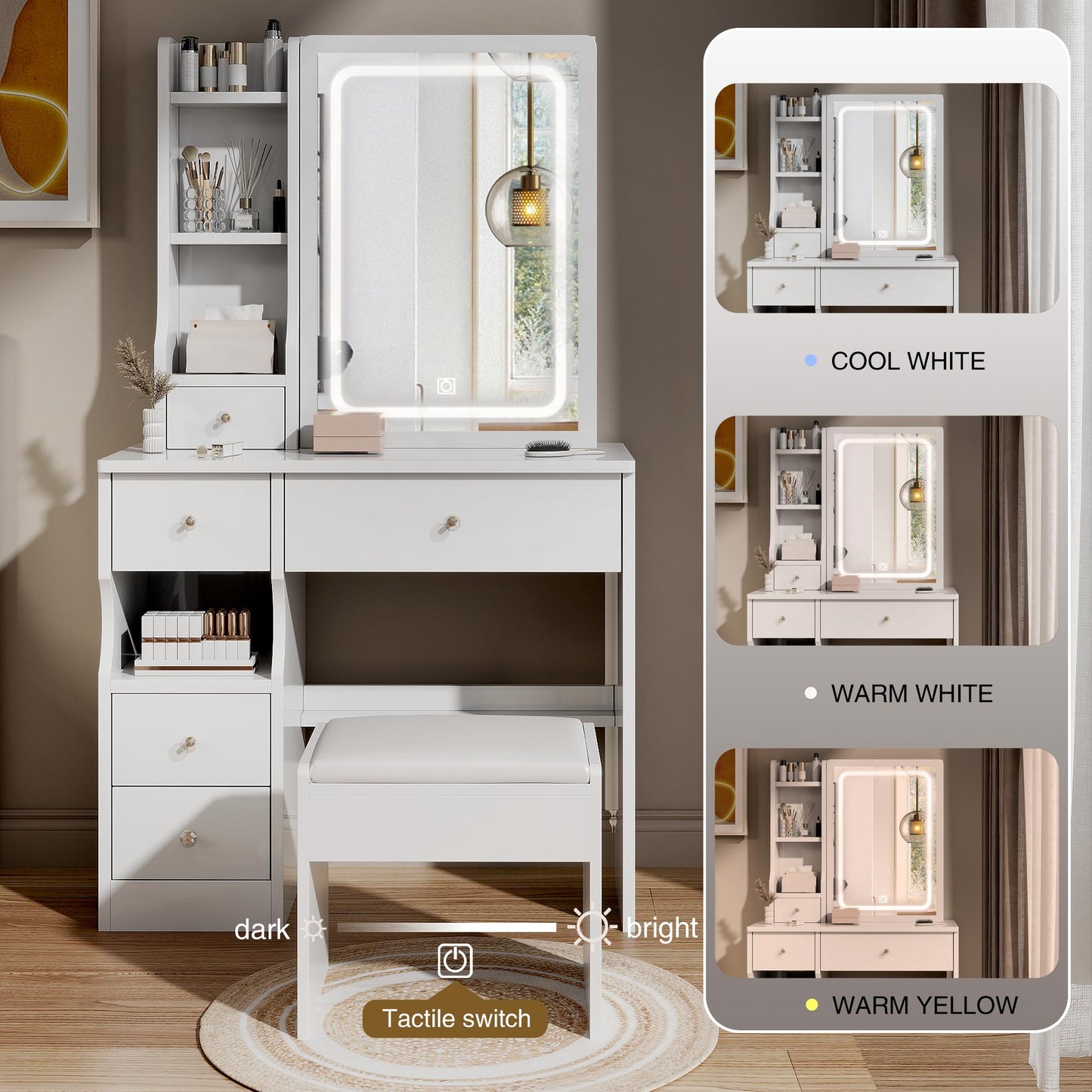 iRerts Vanity Desk with Chair, Makeup Vanity Set with LED Mirror, 3 Lighting Modes Brightness Adjustable, Shelf and Drawers, Makeup Vanity Desk Dressing Table Set for Bedroom Small Space, White
