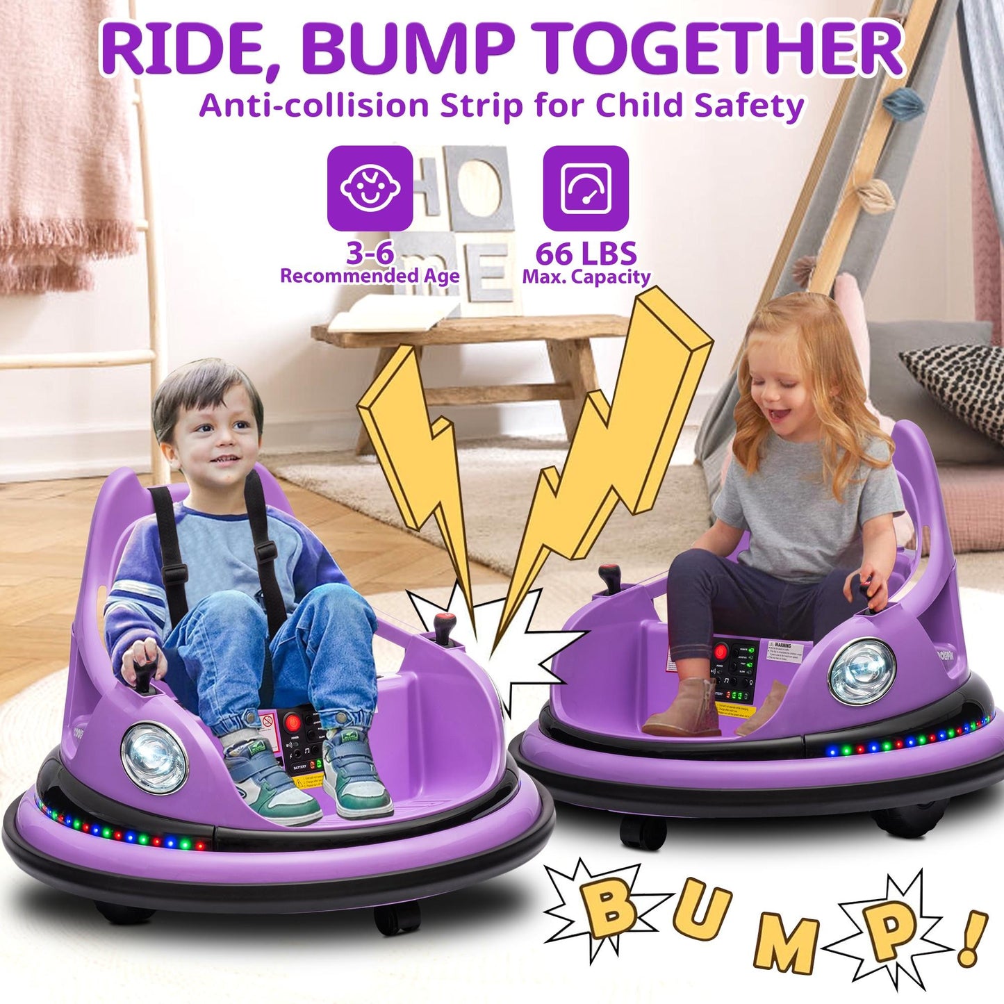 iRerts 12V Bumper Cars for Kids, Bumper Car Ride on with Remote Control, Battery Powered Kids Ride on Toys for 2-5 Year Old Boys Girls, Kids Electric Cars with Bluetooth, Music, LED Light, Purple