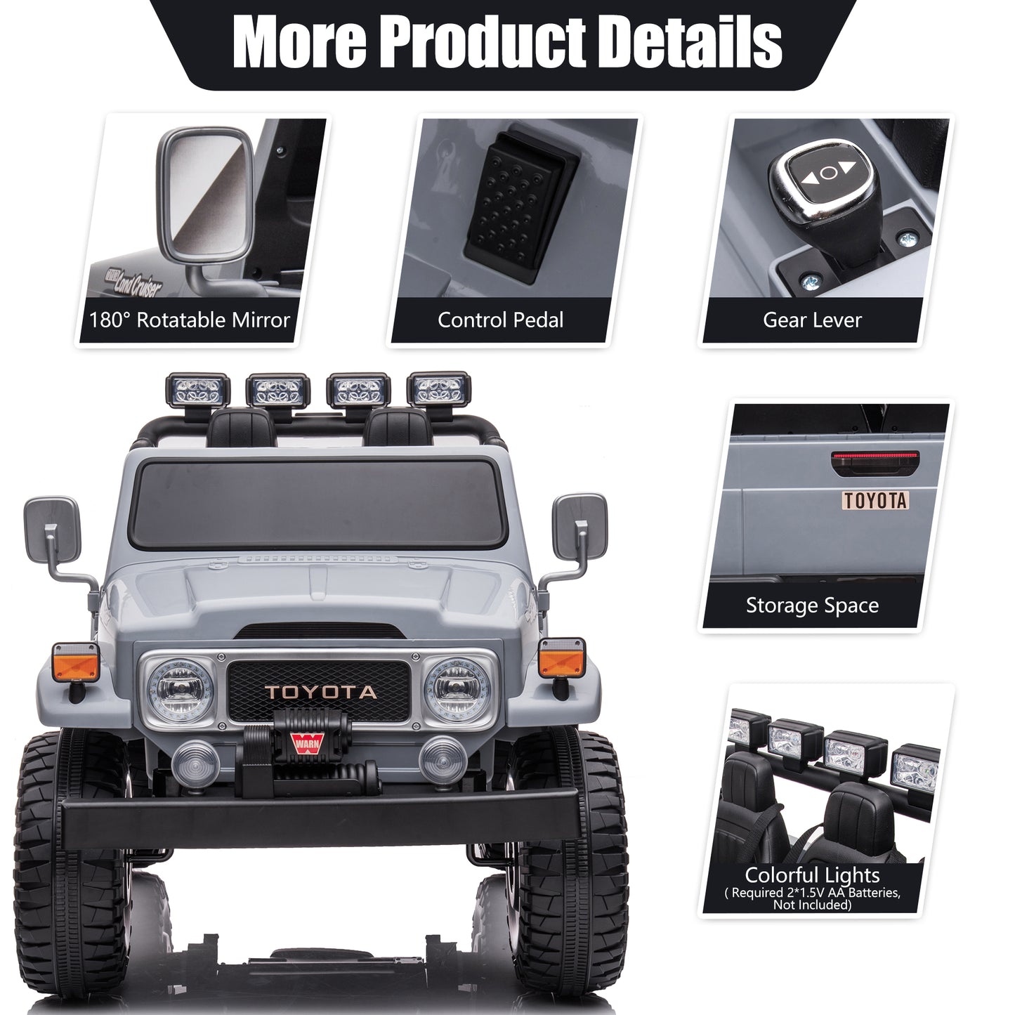 2 Seater 24 Volt Ride On Car with Remote Control, Licensed Toyota FJ40 Ride on Toys Truck for Boys Girls, Kids Electric Vehicle Cars with LED Light, Bluetooth/FM Radio/Music, 4 Wheels Suspension, Gray