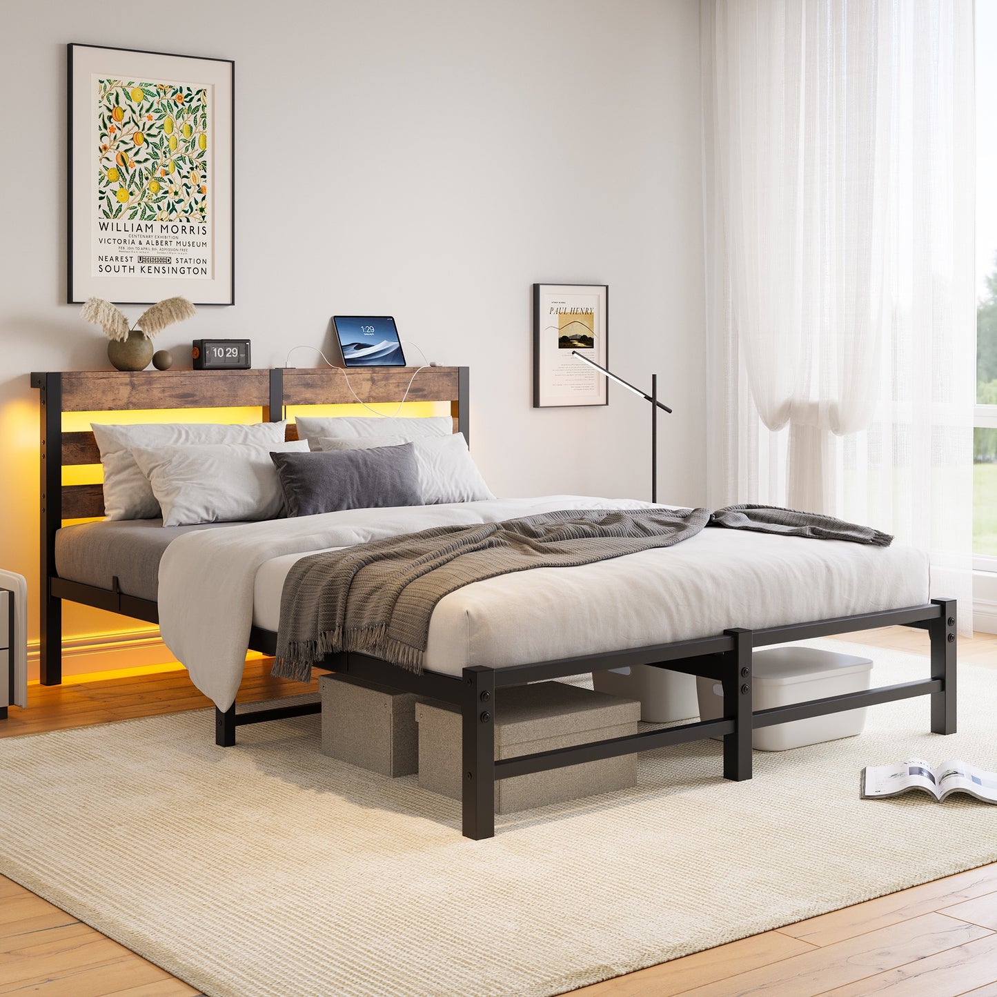 iRerts Queen Bed Frame with Headboard, Metal Platform Bed Frame Queen Size with USB Charging Station, LED Lights, Steel Slats, LED Bed Frame No Box Spring Needed for Bedroom Furniture, Brown