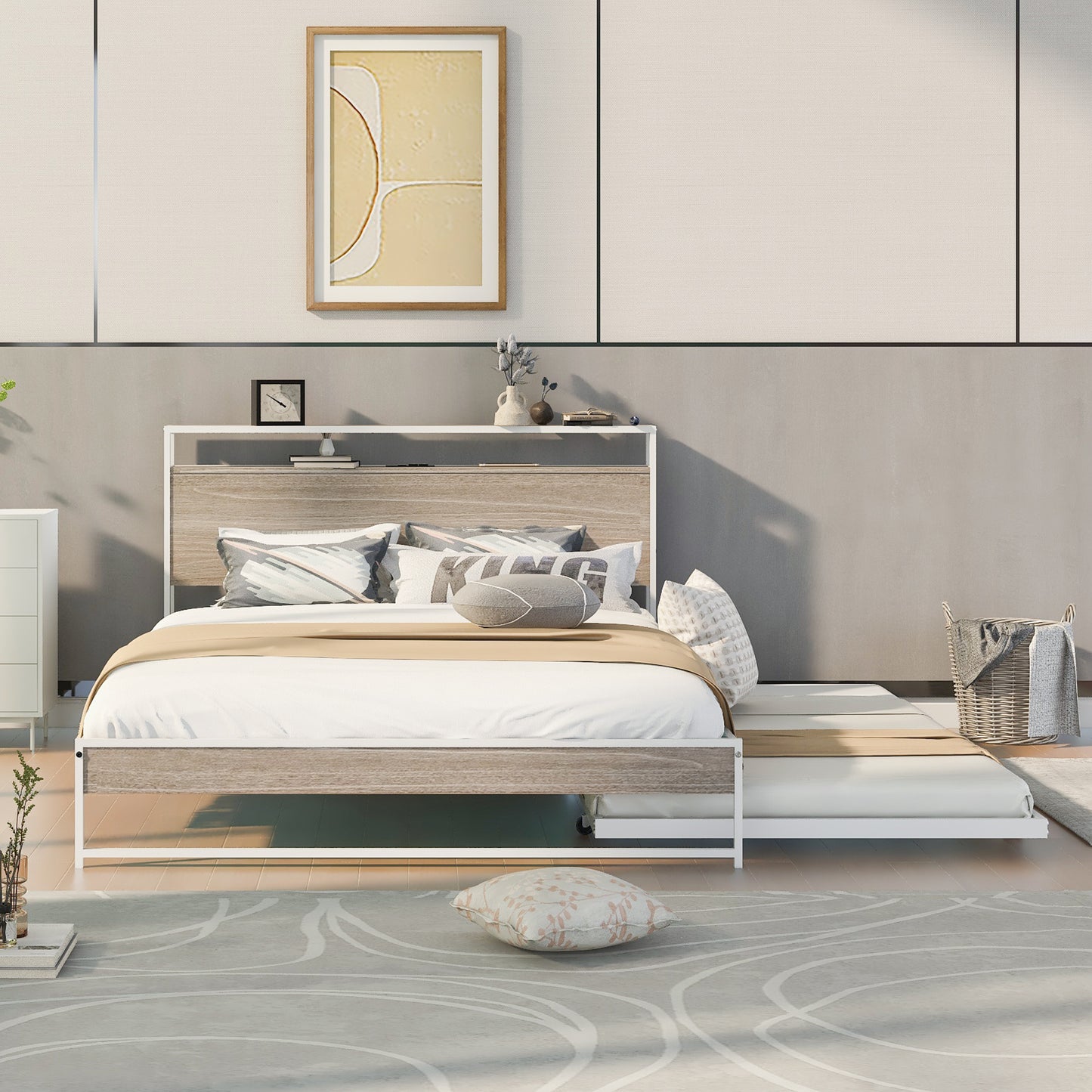 Queen Size Metal Platform Bed Frame with Twin Size Trundle, Queen Size Bed Frame with Storage Headboard, Outlet/USB Ports, Steel Slat Support, Queen Bed Frame No Box Spring Needed for Bedroom, White