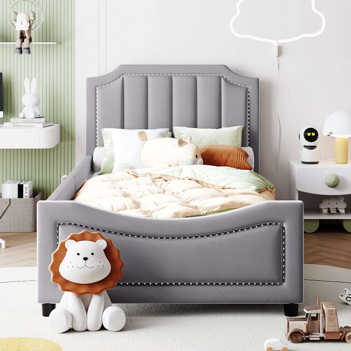 iRerts Upholstered Twin Platform Bed Frame, Velvet Twin Daybed Frame with Classic Stripe Shaped Headboard and Footboard, Wood Twin Size Sofa Bed for Kids Girls Boys, No Box Spring Needed, Gray