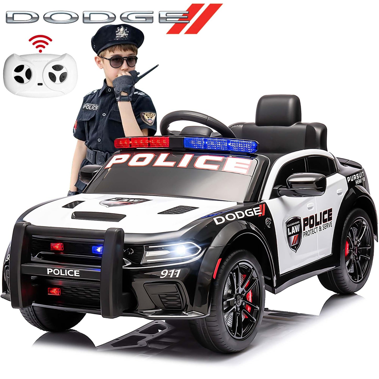 Dodge Charger 12V Ride on Police Cars, Battery Powered Ride on Toy Car with Remote Control for Boys Girls Gifts, Electric Car for Kids with Bluetooth, Music Player, LED Lights, 3 Speeds, White