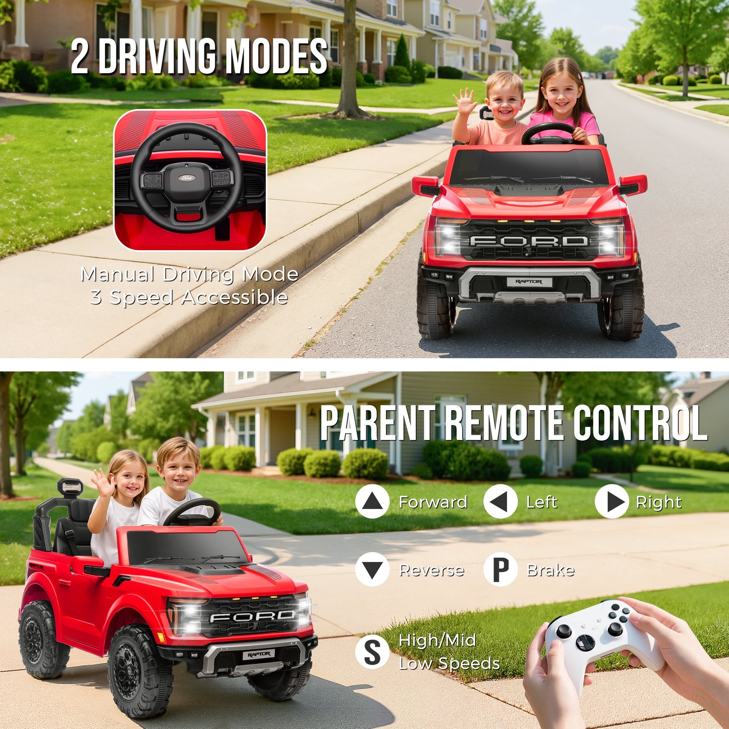 iRerts 24V Ride on Toys for Big Kids, Licensed Ford F 150 Raptor 2 Seater Ride on Cars with Remote Control, Bluetooth, FM Radio, LED Lights, 4 Wheels Suspension, Electric Car for Kids Ages 3-8, Red