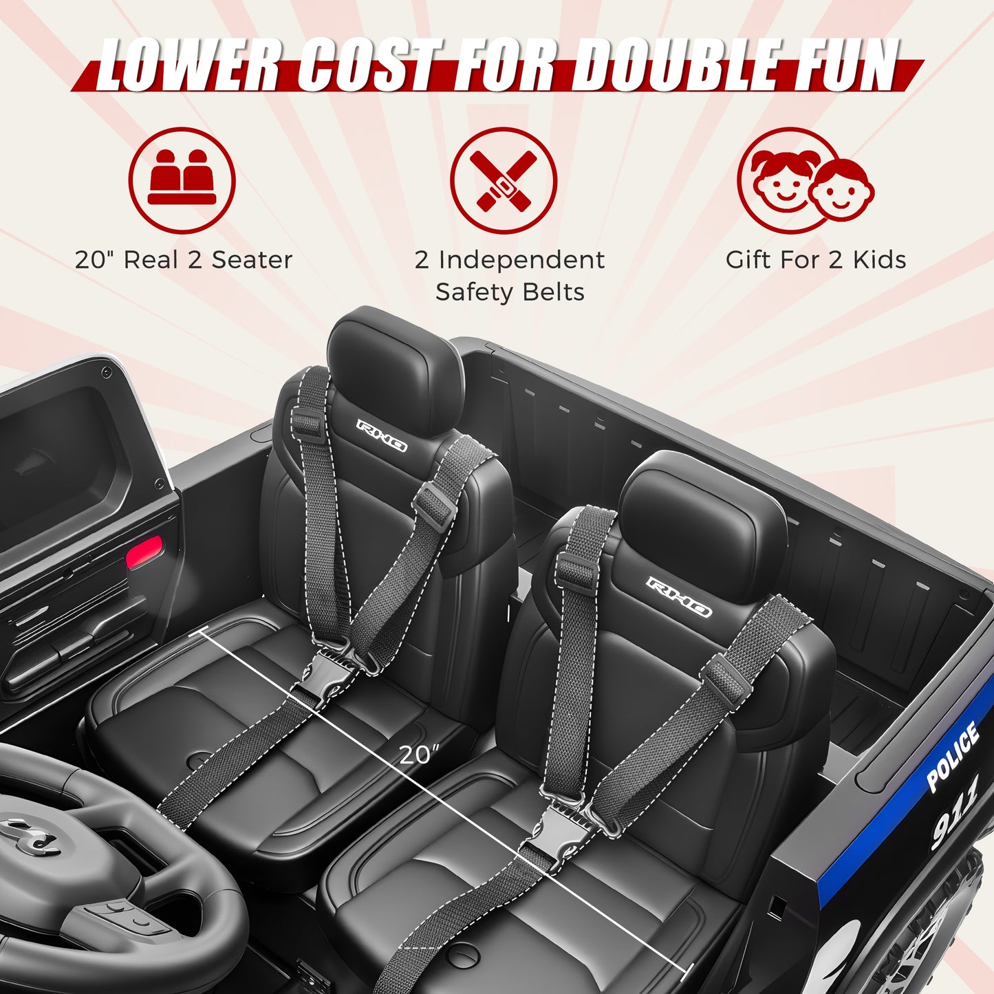 24V Licensed RAM 1500 Ride on Police Car for Kids, 2 Seater Ride on Car with Parent Remote Control, Bluetooth, LED Lights, Siren, Rear Storage, 4-Wheel Suspension, Ages 3-8, Black