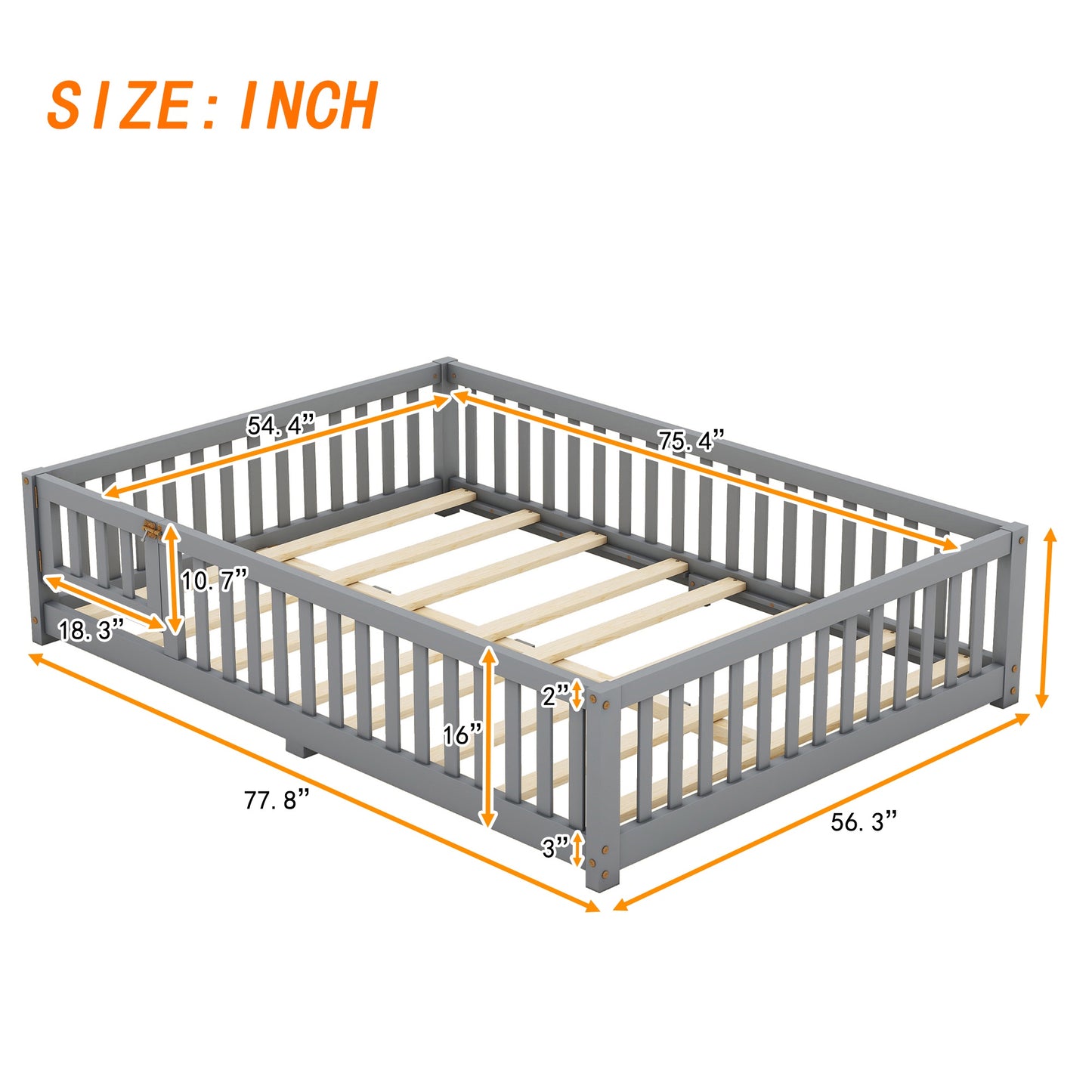 iRerts Full Floor Bed Frame for Toddlers Kids, Wood Full Montessori Bed Frame with Slats, Fence, Door, Kids Montessori Bed Full Size, Full Toddler Bed Frame for Boys Girls, Gray