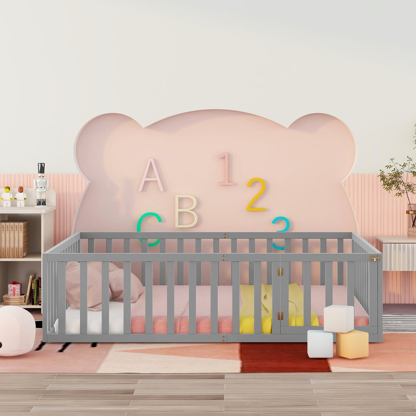 iRerts Queen Floor Bed Frame for Kids Toddlers, Wood Montessori Low Floor Queen Size Bed Frame with Fence Guardrail and Door, kids Queen Bed for Boys Girls, Spring Needed, Gray