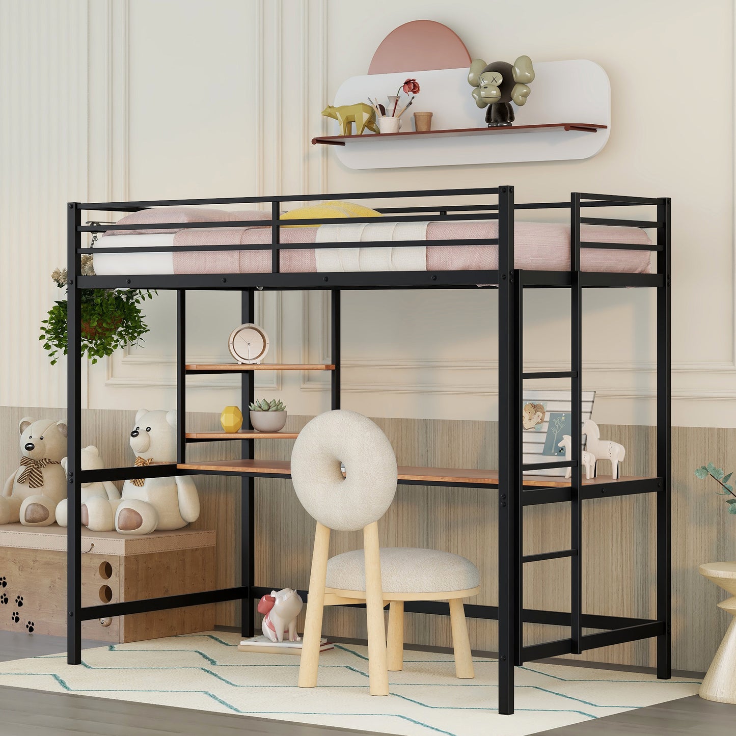 iRerts Loft Bed with Desk and Shelves, Metal Loft Bed Twin for Kids Teens Adult, Twin Size Loft Bed with Safety Guardrail, Modern Black Loft Bed Twin for Dorm Bedroom Guest Room, No Box Spring Needed