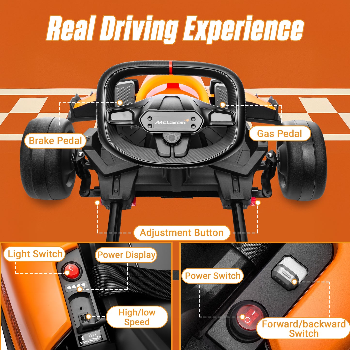 24V Go Kart for Kids Ages 6+, Licensed McLaren Electric Drift Kart Car Ride on Toys for Big Kids, Crazy Go Cart with Dual 250W Motors, Adjustable Seat, 7.5MPH, LED Lights