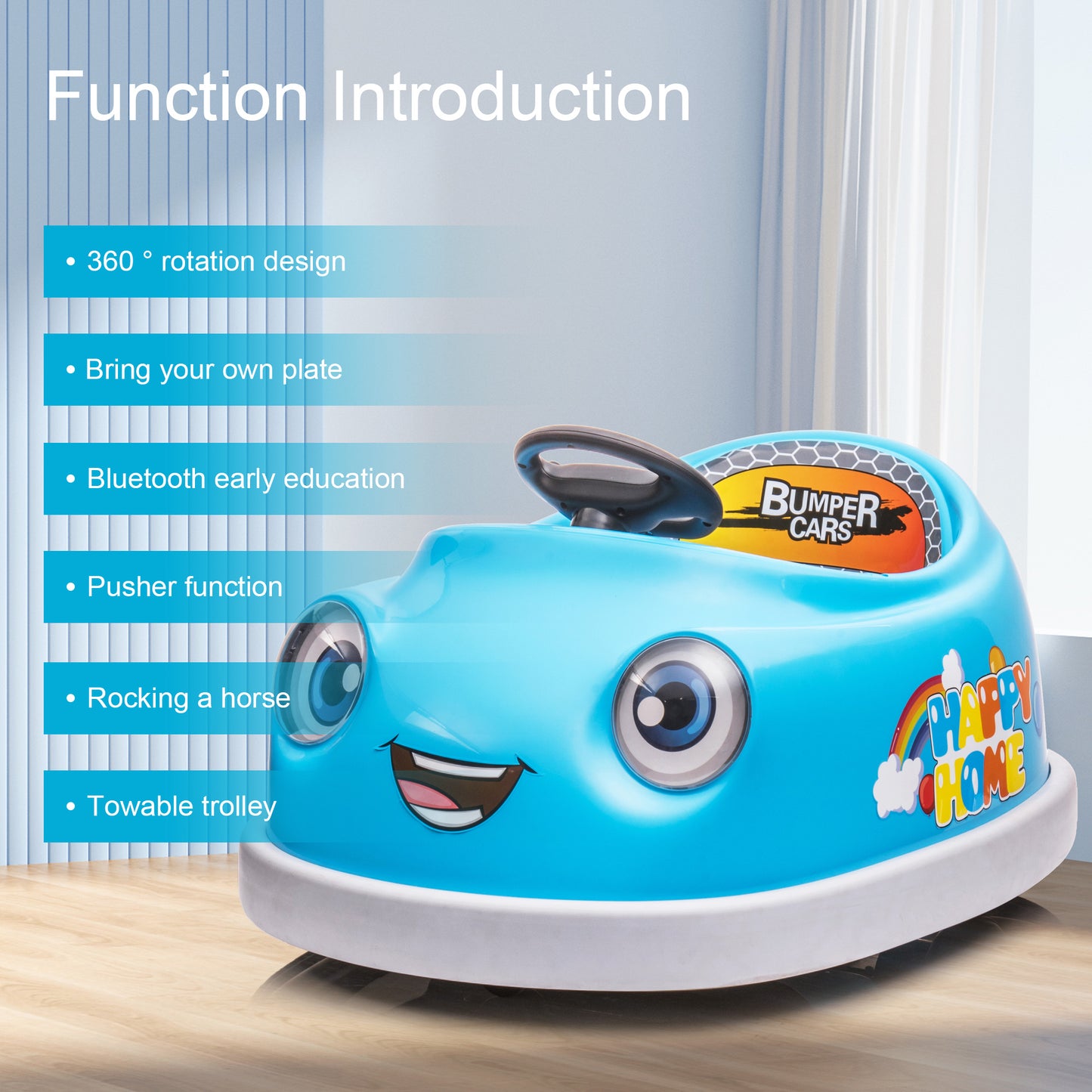 iRerts Kids Bumper Car with Remote Control, 12V Bumper Car for Toddlers Ages 1-6 Years with Rocking Horse Mode, Push Rod, Dinner Plate, USB Bluetooth Music, Ride on Toys Car for Boys Girls Gifts, Blue