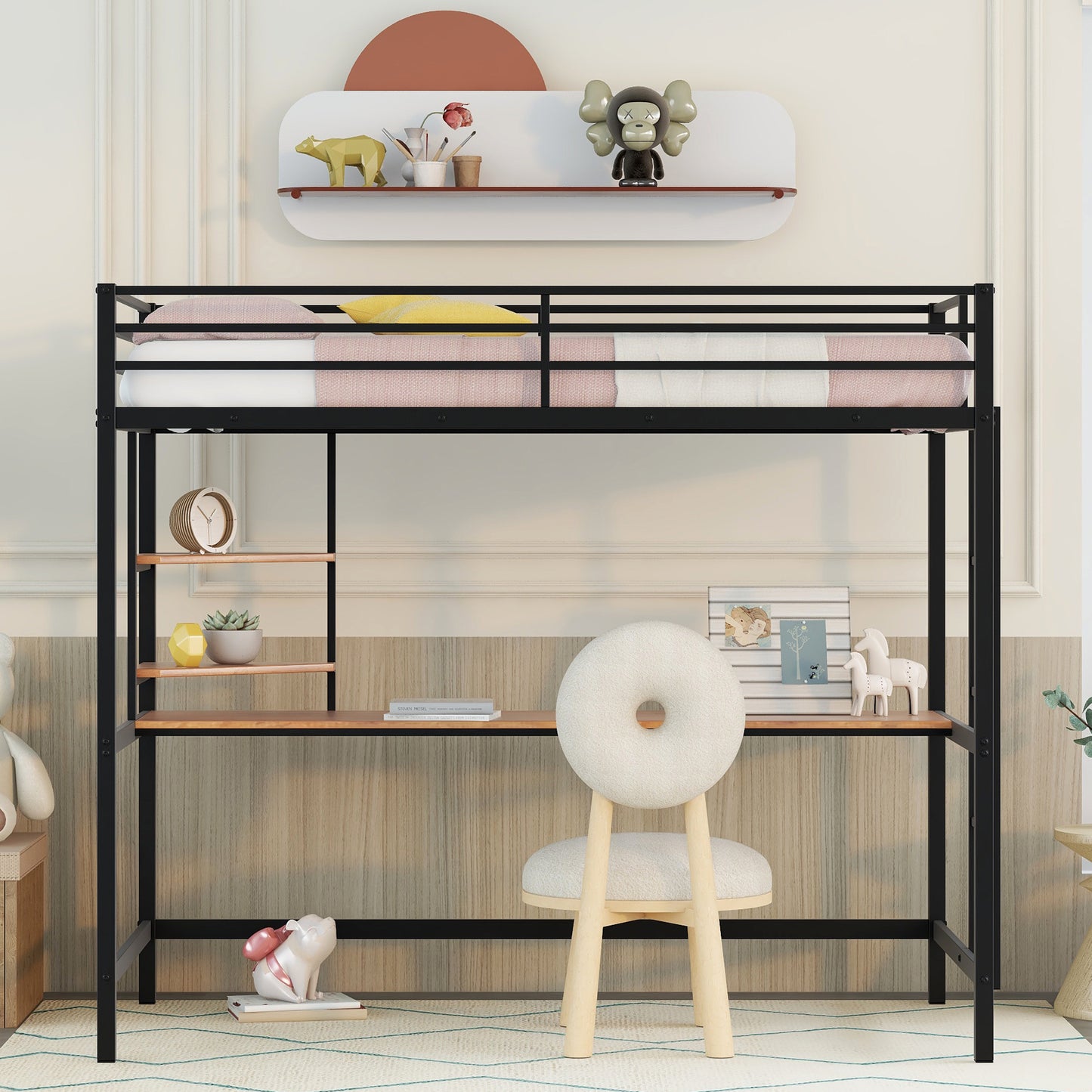 iRerts Loft Bed with Desk and Shelves, Metal Loft Bed Twin for Kids Teens Adult, Twin Size Loft Bed with Safety Guardrail, Modern Black Loft Bed Twin for Dorm Bedroom Guest Room, No Box Spring Needed
