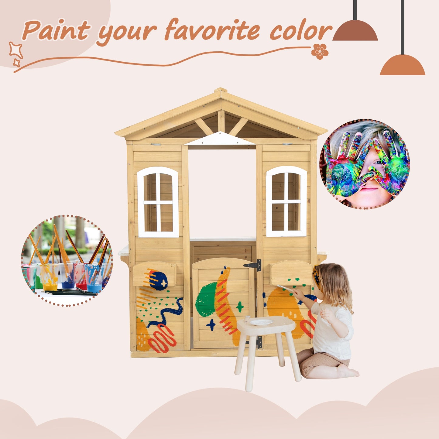 iRerts Kids Playhouse Outdoor, Wooden Playhouse for Kids with  Working Door, Windows, Flowers Pot Holder, Kids Play Equipment Outdoor Toys Pretend Playhouse for Girls Boys Toddlers 2-8 Years Old