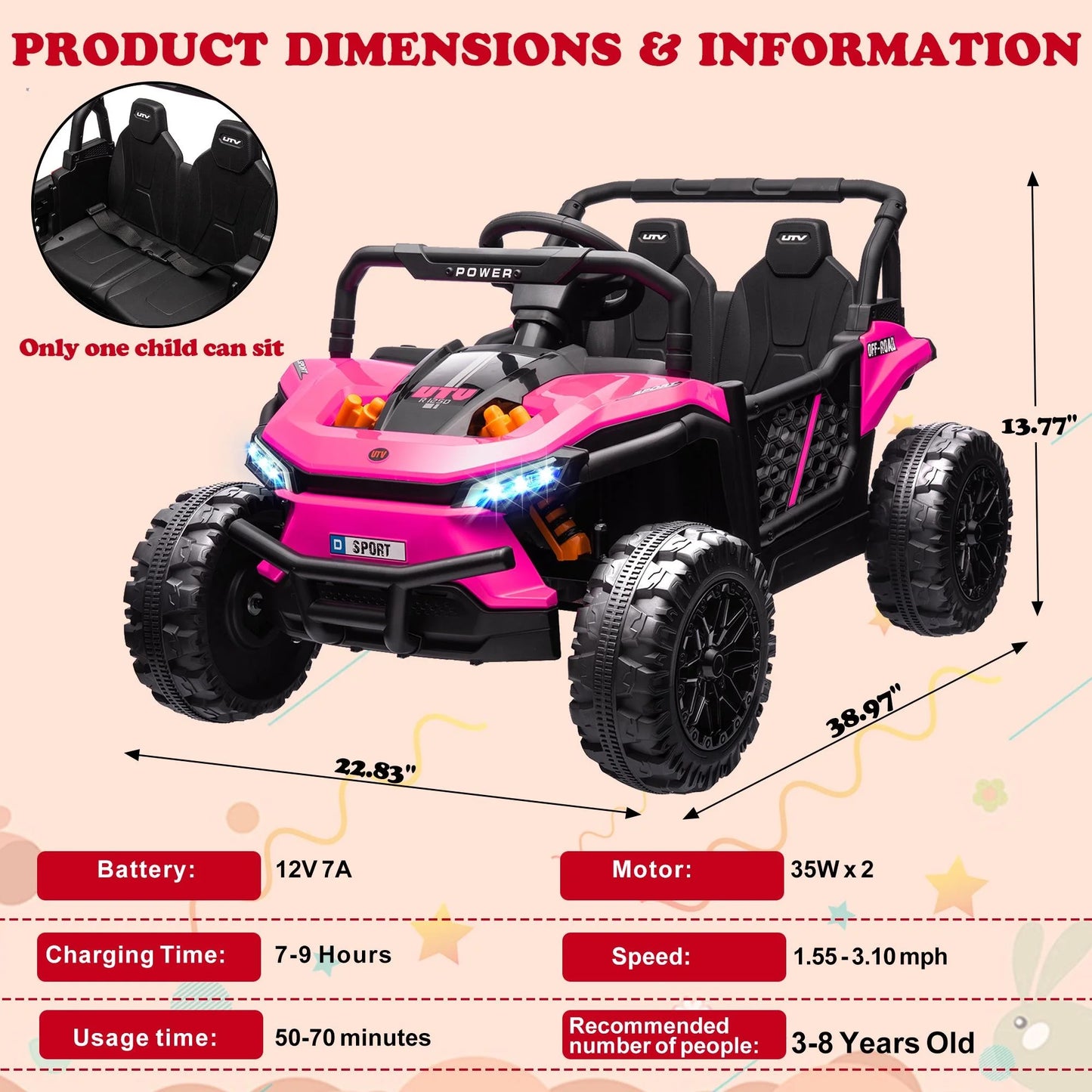 12V Ride on UTV Cars for Kids, Battery Powered Ride on Toys with Remote Control, Bluetooth, MP3 Player, LED Headlights, Safety Belt, 4 Wheeler Suspension, Electric Car for Kids 3-6 Boys Girls, Pink