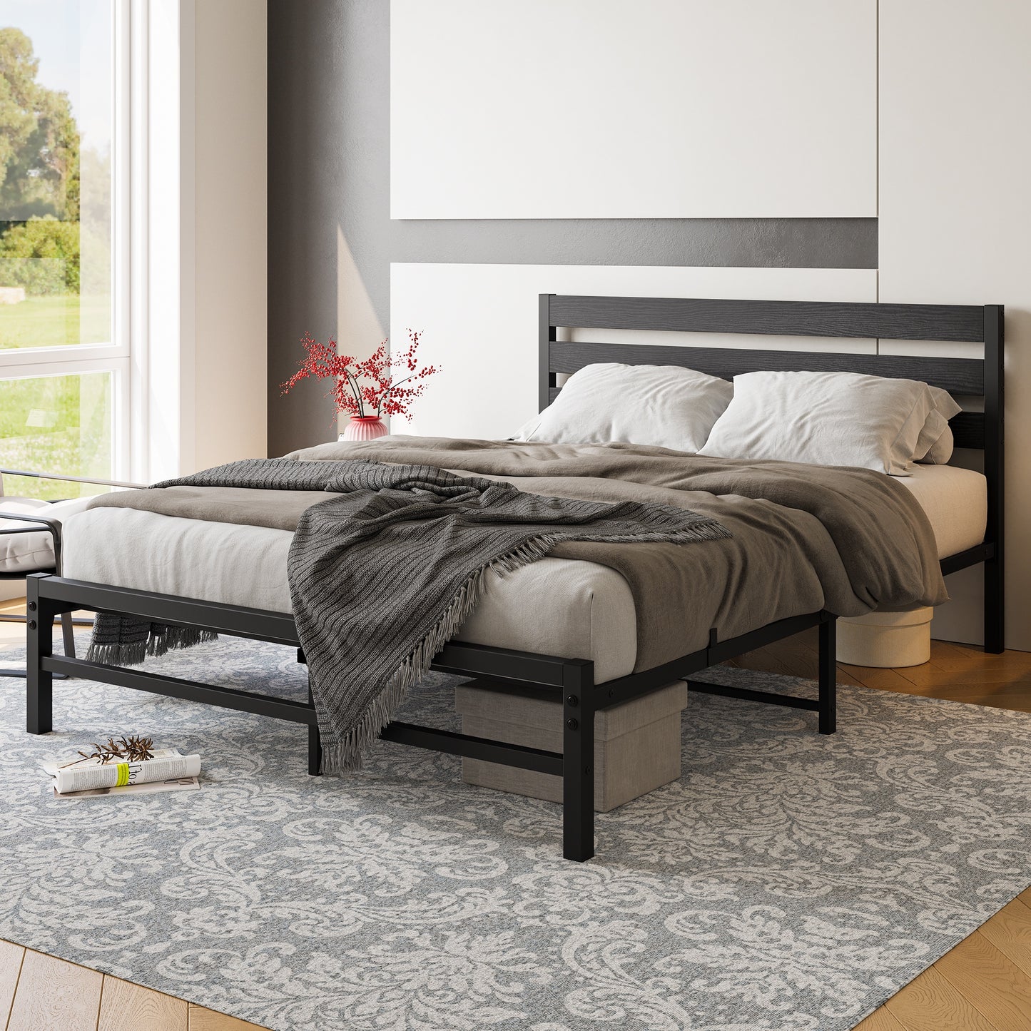 iRerts Queen Bed Frame with Headboard, Metal Platform Bed Frame No Box Spring Needed, Bed Frame Queen Size with Metal Support,  Noise-Free, Under Bed Storage, Easy Assembly, Black