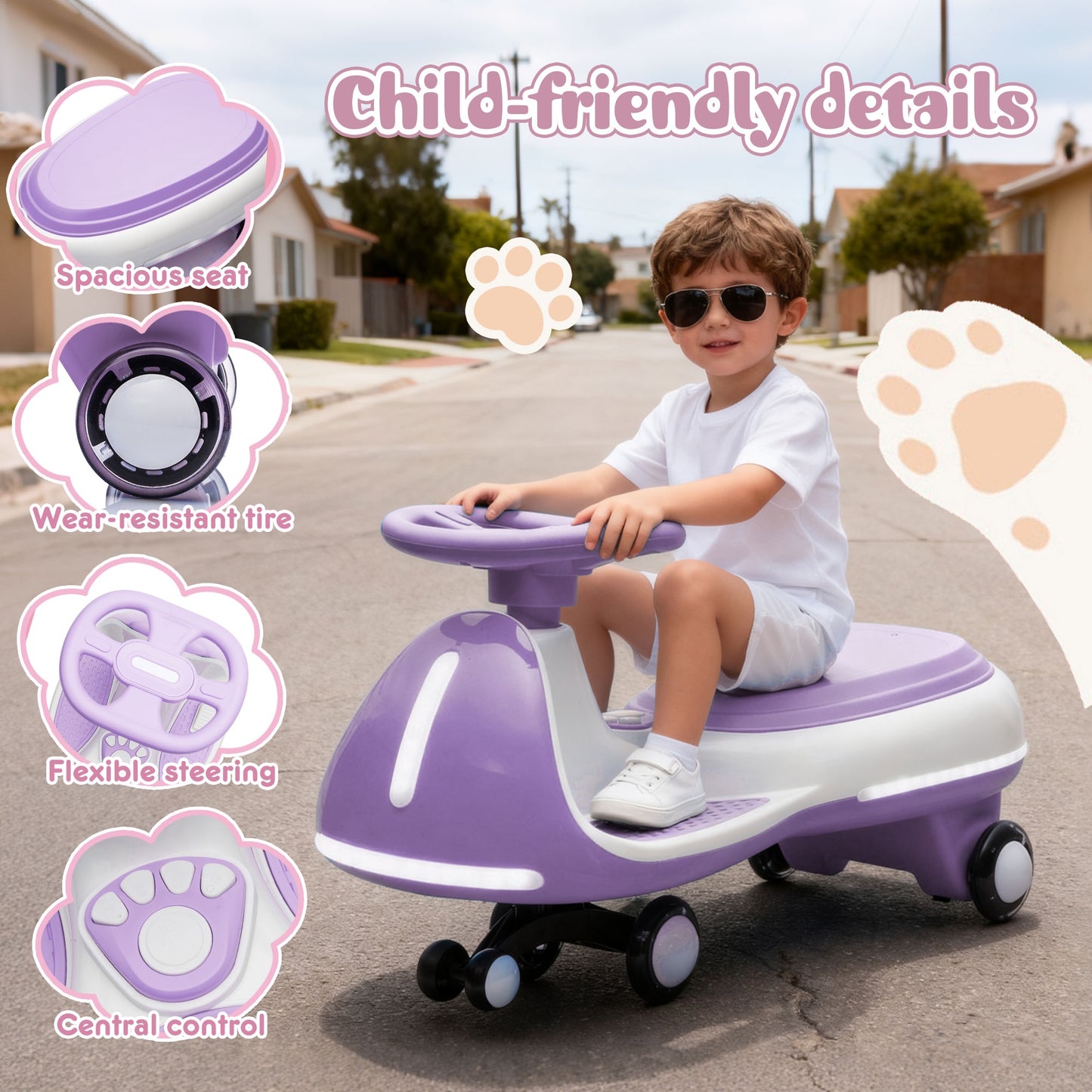 12V Electric Wiggle Car, Powered Ride on Toys for Kids with Flashing PU Wheels, Bluetooth Music, 2-in-1 Swing Car Kids Electric Vehicles for Boys Girls Ages 3+, Purple