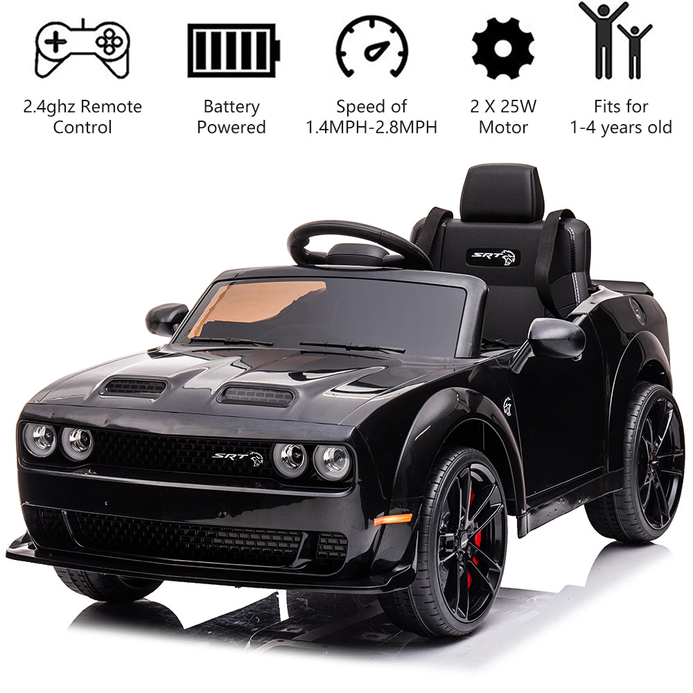 Dodge Challenger 12V Ride On Cars with Remote Control, kids Electric Car with Bluetooth, LED Light, USB, MP3, Battery Powered Ride on Toys for 3-5 Years Old Kids Boys Girls Birthday Gifts, Black