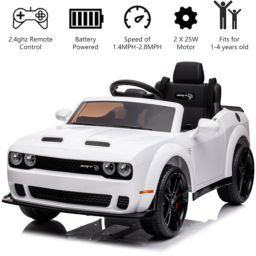 Kids Electric Car, Licensed Dodge Challenger 12V Ride On Cars with Remote Control, Kids Ride on Toys with Bluetooth, LED Light, USB, MP3, Kids Electric Vehicles for Boys Girls Birthday Gifts, White