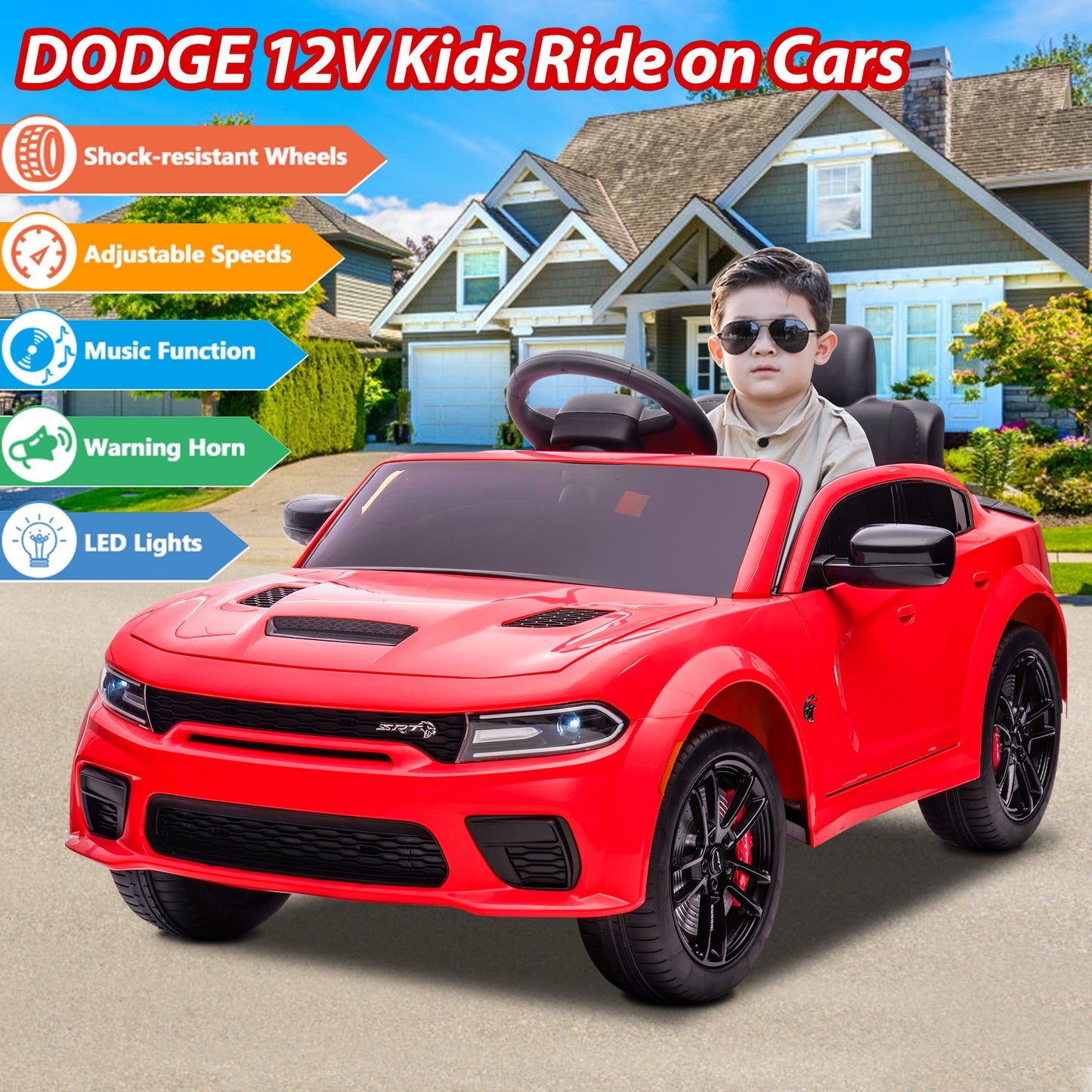 Dodge Charger 12V Ride On Cars with Remote Control, Ride On Vehicles for Kids with LED Light, Bluetooth, USB, MP3, Battery Powered Ride on Toys for Boys Girls 3-5 Years Old Birthday Gifts, Red