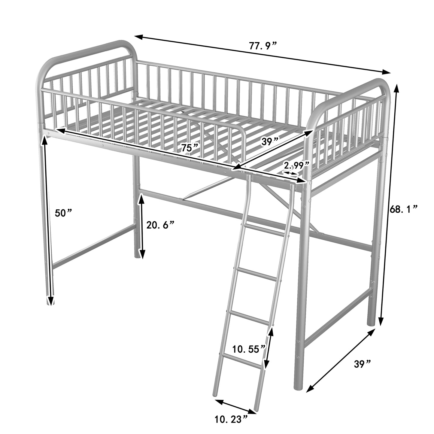 iRerts Twin Size Loft Bed, Metal Loft Bed Twin for Kids Teens Adults, Twin Loft Bed with Ladder and Full-Length Guardrail, Twin Metal Loft Bed for Bedroom Dorm Guest Room, No Box Spring Needed, Silver