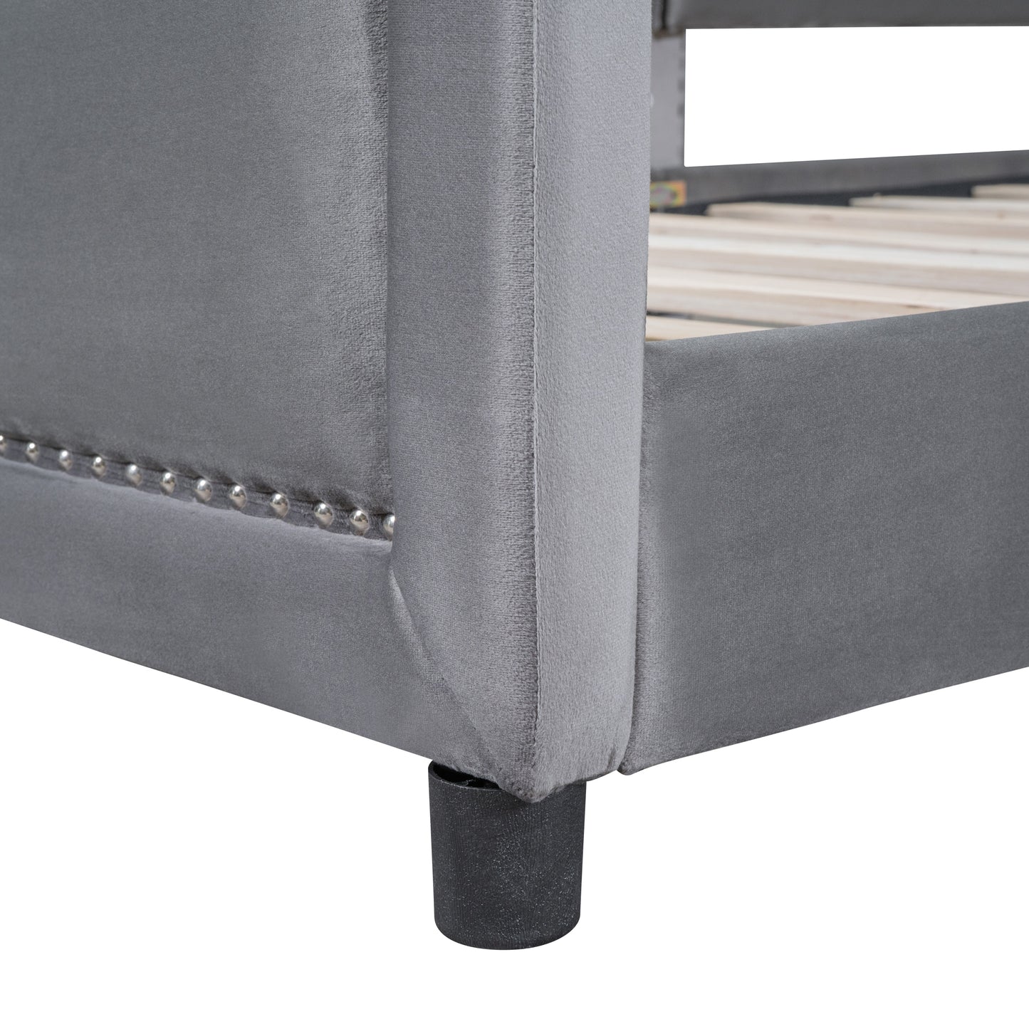 iRerts Upholstered Twin Platform Bed Frame, Velvet Twin Daybed Frame with Classic Stripe Shaped Headboard and Footboard, Wood Twin Size Sofa Bed for Kids Girls Boys, No Box Spring Needed, Gray