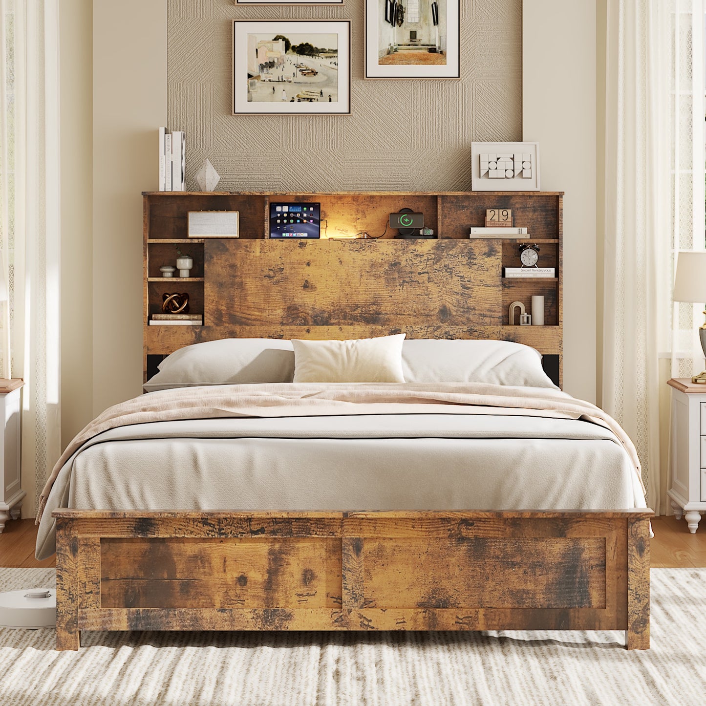 iRerts Wood Full Platform Bed Frame, Full Bed Frame with Storage Headboard, Charging Station, LED Lights, Full Bed Frame No Box Spring Needed, Dark Brown