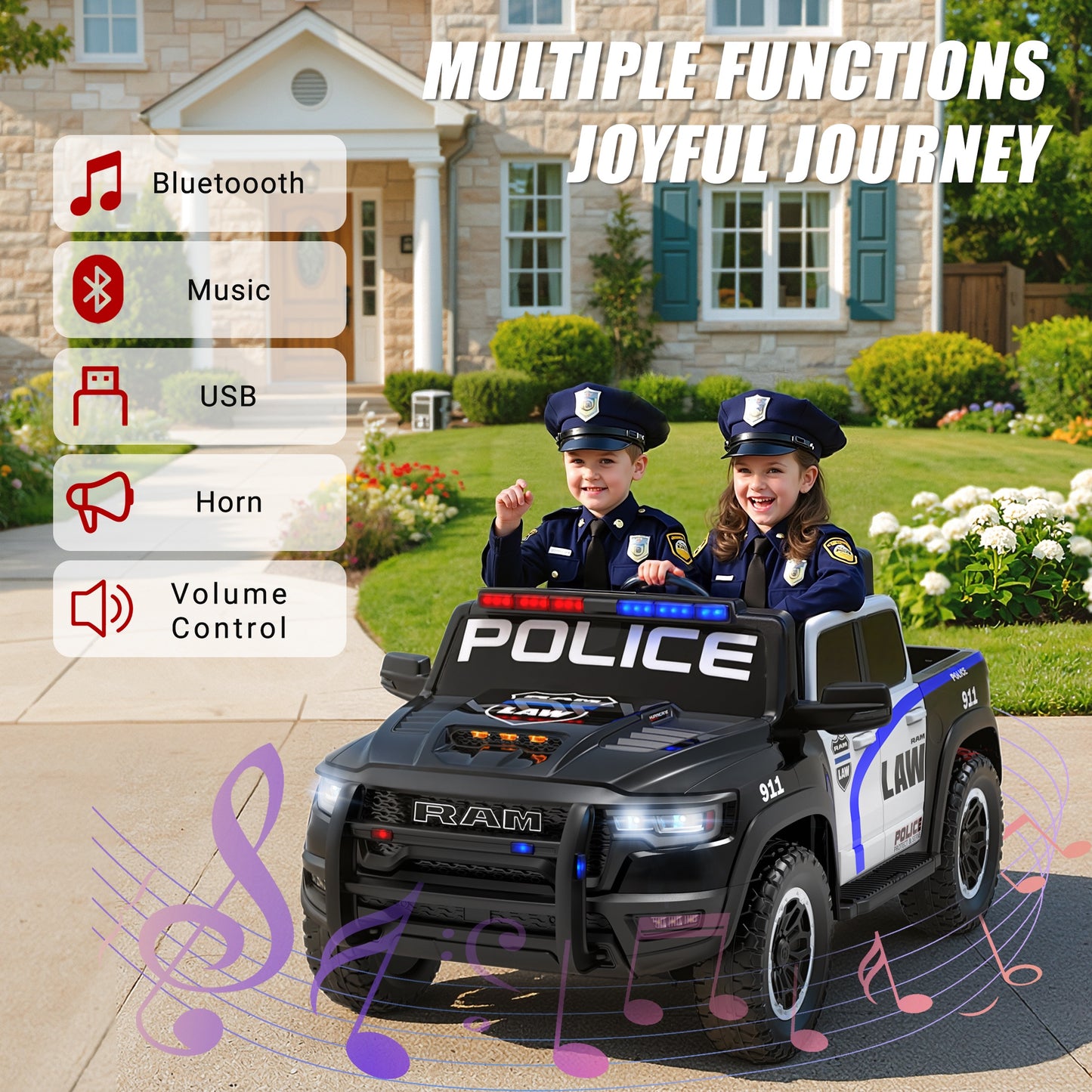 24V Licensed RAM 1500 Ride on Police Car for Kids, 2 Seater Ride on Car with Parent Remote Control, Bluetooth, LED Lights, Siren, Rear Storage, 4-Wheel Suspension, Ages 3-8, Black