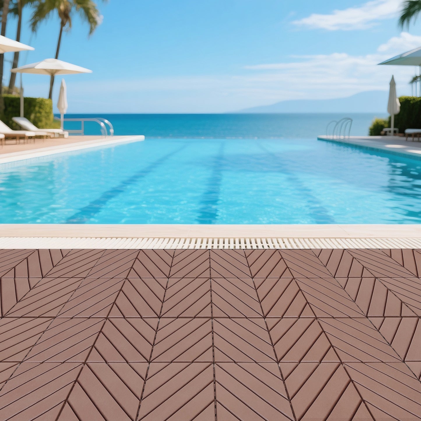 iRerts Plastic Interlocking Deck Tiles, 44 Pack Outdoor Flooring Tiles 12" x 12", All Weather Use, Patio Floor Decking Tiles for Porch Poolside Backyard, Brown