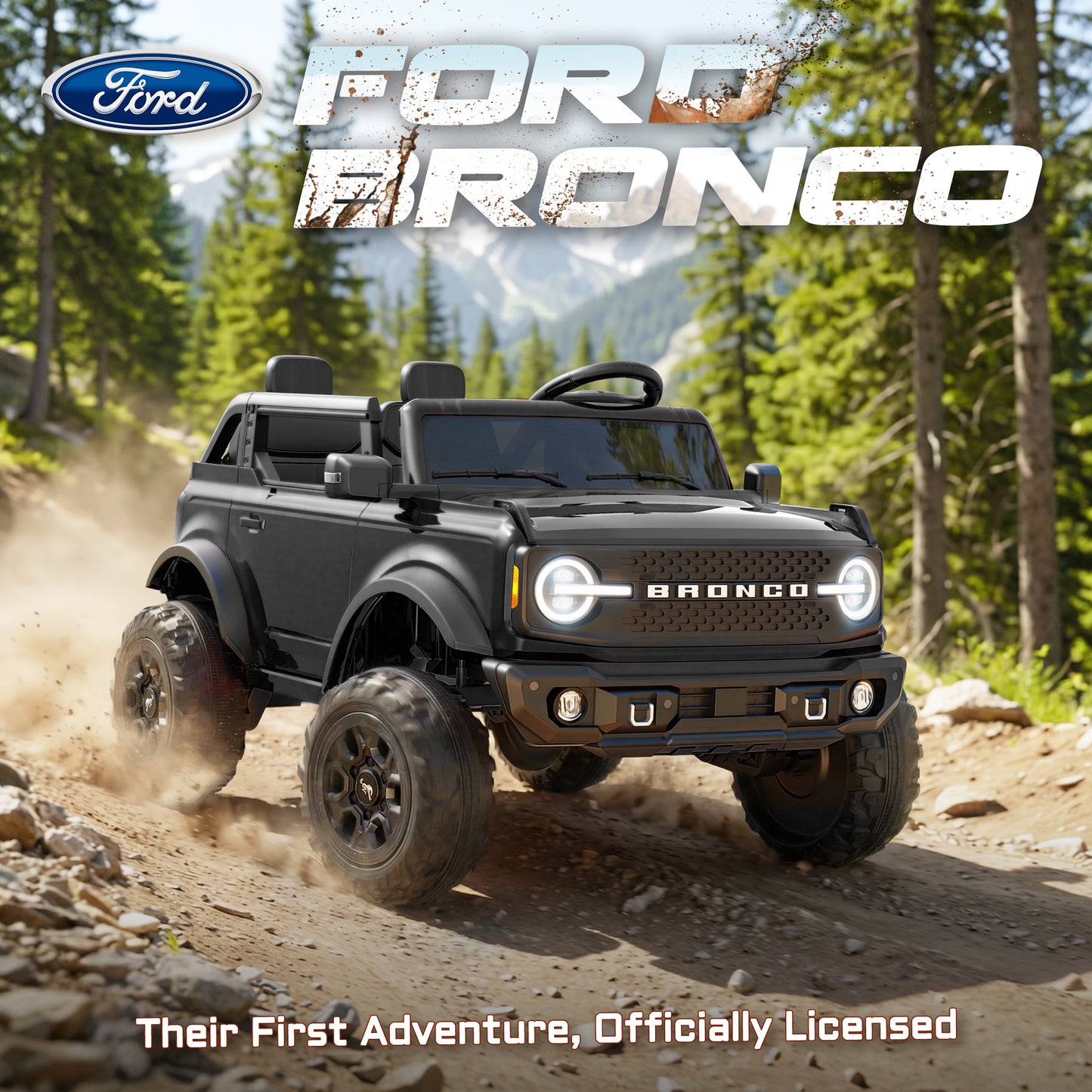 iRerts 2 Seater Ride on Cars, Licensed Ford Bronco Base 24V Ride on Toys for Big Kids Ages 3-8, Powered Kids Car Electric Vehicle with Remote Control, Bluetooth, LED Lights, 4 Wheel Suspension, Black