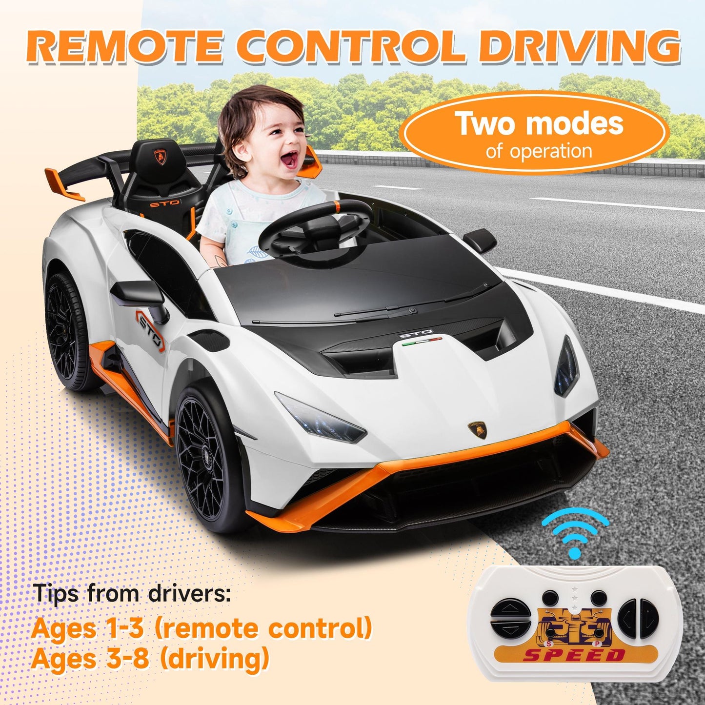 iRerts White 24V Lamborghini Ride on Cars with Remote Control, Battery Powered Kids Ride on Toys for Boys Girls 3-8 Ages, 4 Wheels Electric Cars for Kids with Bluetooth/Music/USB Port/LED Lights