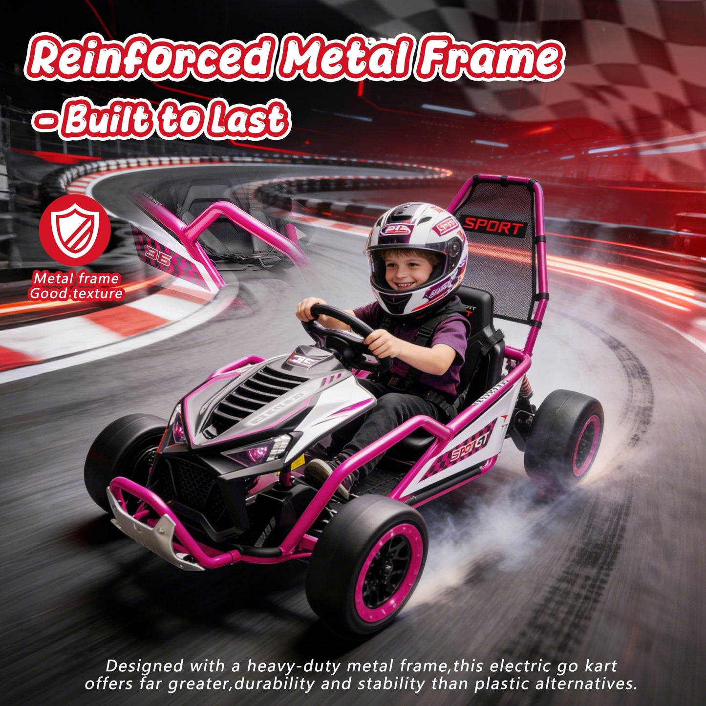 24V Powered Ride on Toys, iRerts Electric Go Kart with Drift Mode, Bluetooth Music, EVA Front Tires, Rear Wheel Suspension, Max Speed 7.5 MPH, Crazy Go Cart Electric Car for Kids 6-12 Ages, Rose Pink